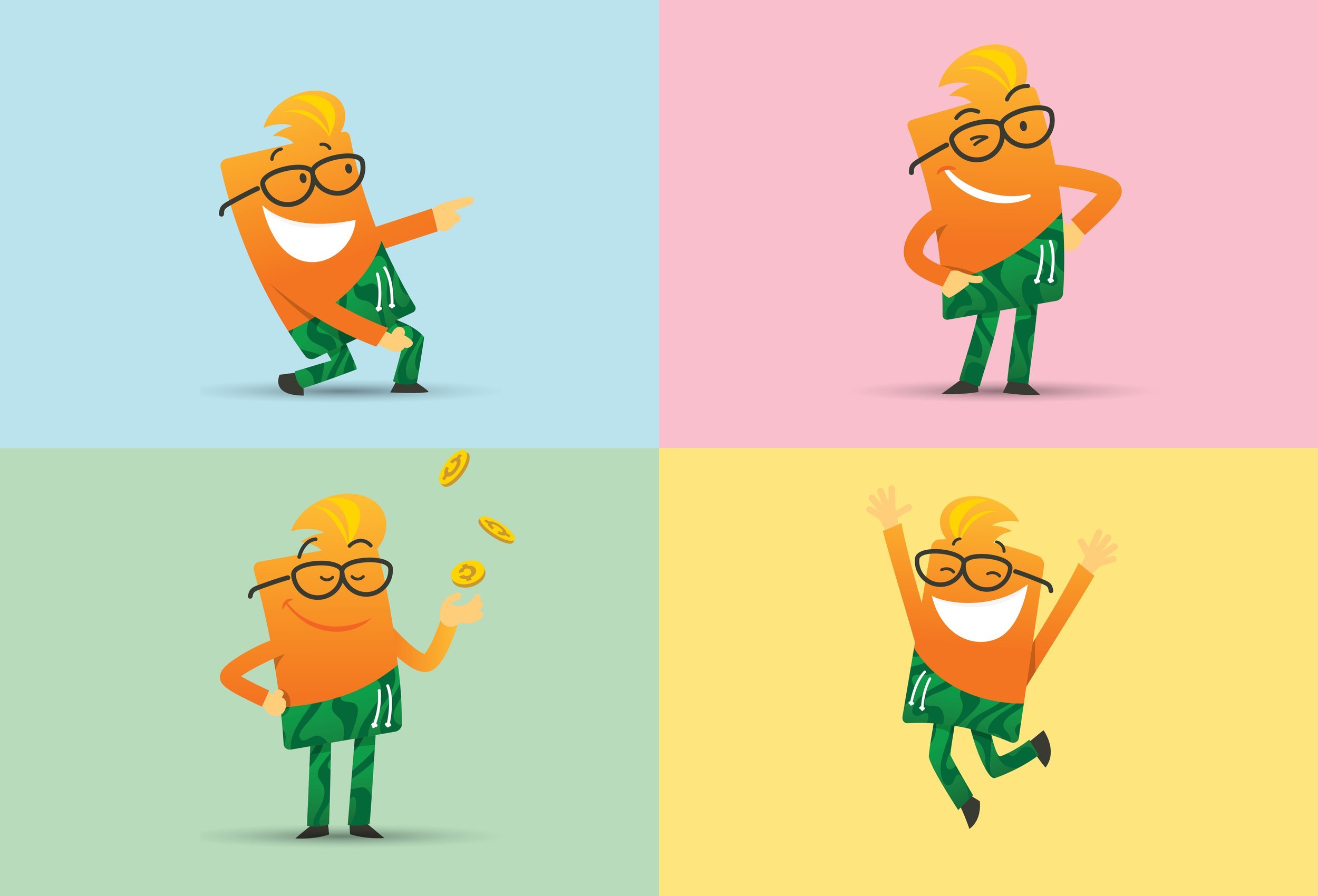 A cheerful cartoon character with orange skin, blonde hair, and glasses, dressed in green camouflage shorts. The character is shown in different poses across four colorful backgrounds: pointing and smiling, standing with hands on hips, throwing coins, and jumping with arms raised.