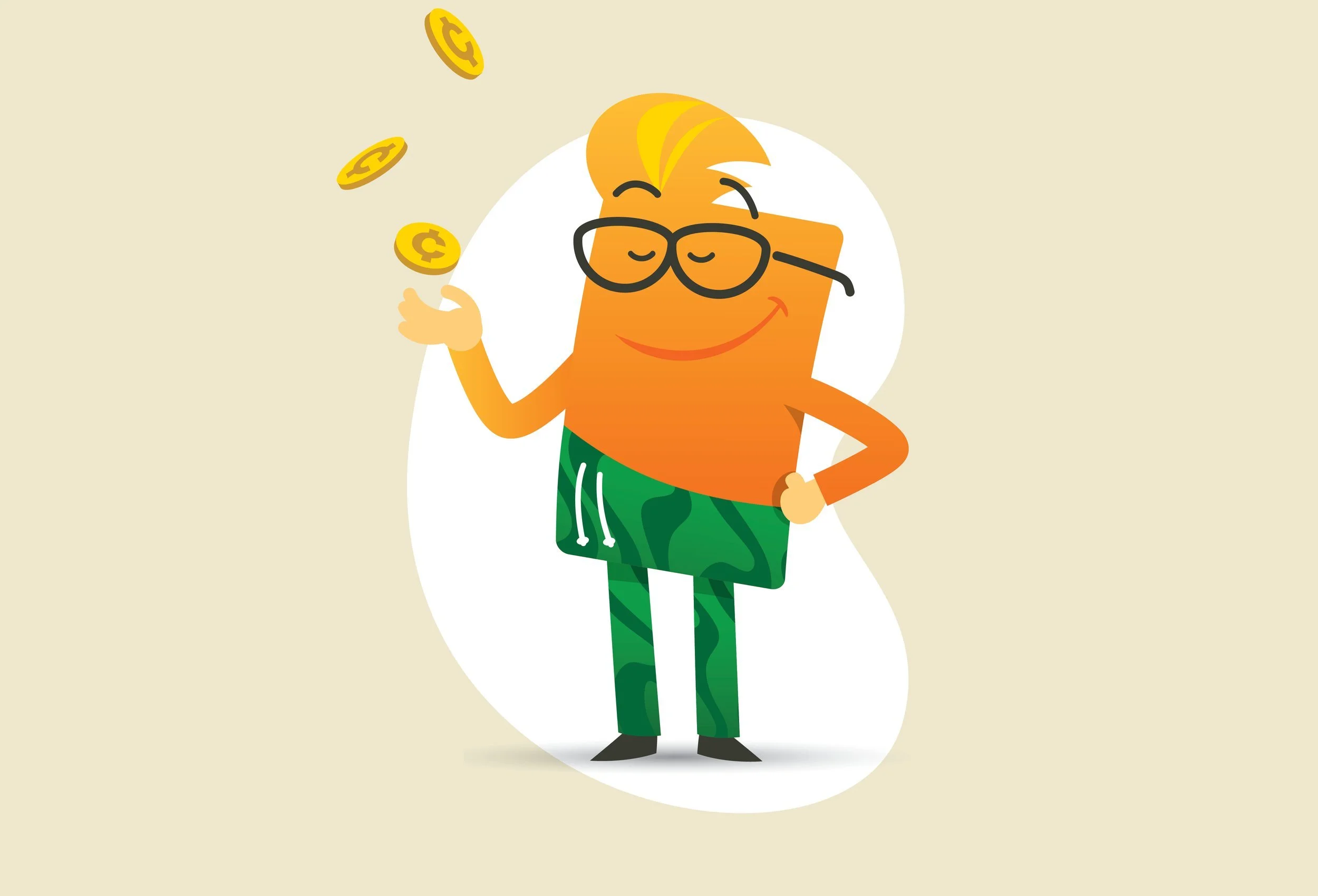 Cartoon character with orange body, wearing glasses, green camouflage pants, and a white background, smiling and balancing coins.