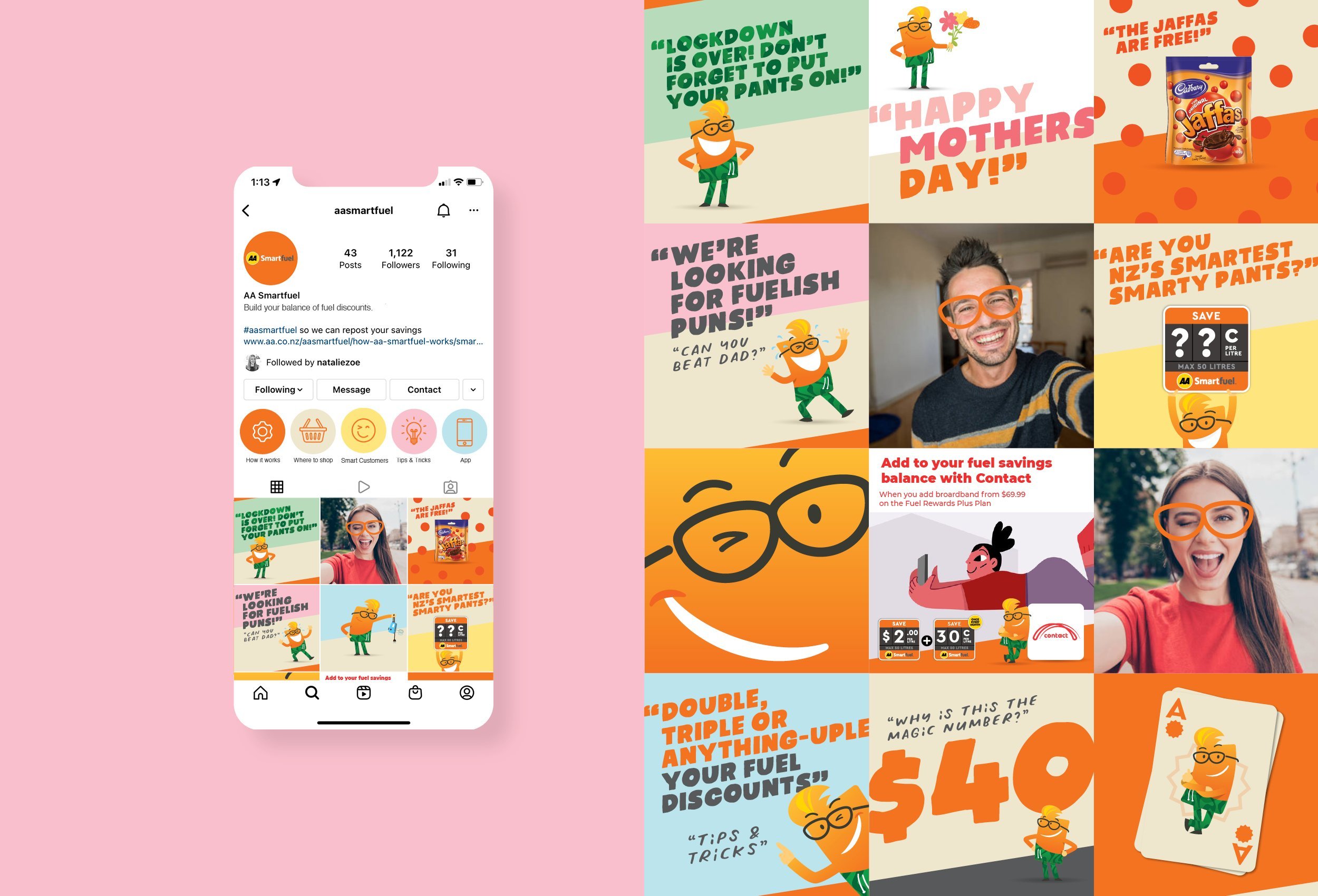 A collage of colorful graphics and photos related to fuel savings and promotional offers from AA Smartfuel, including cartoon characters, people smiling, and product advertisements.