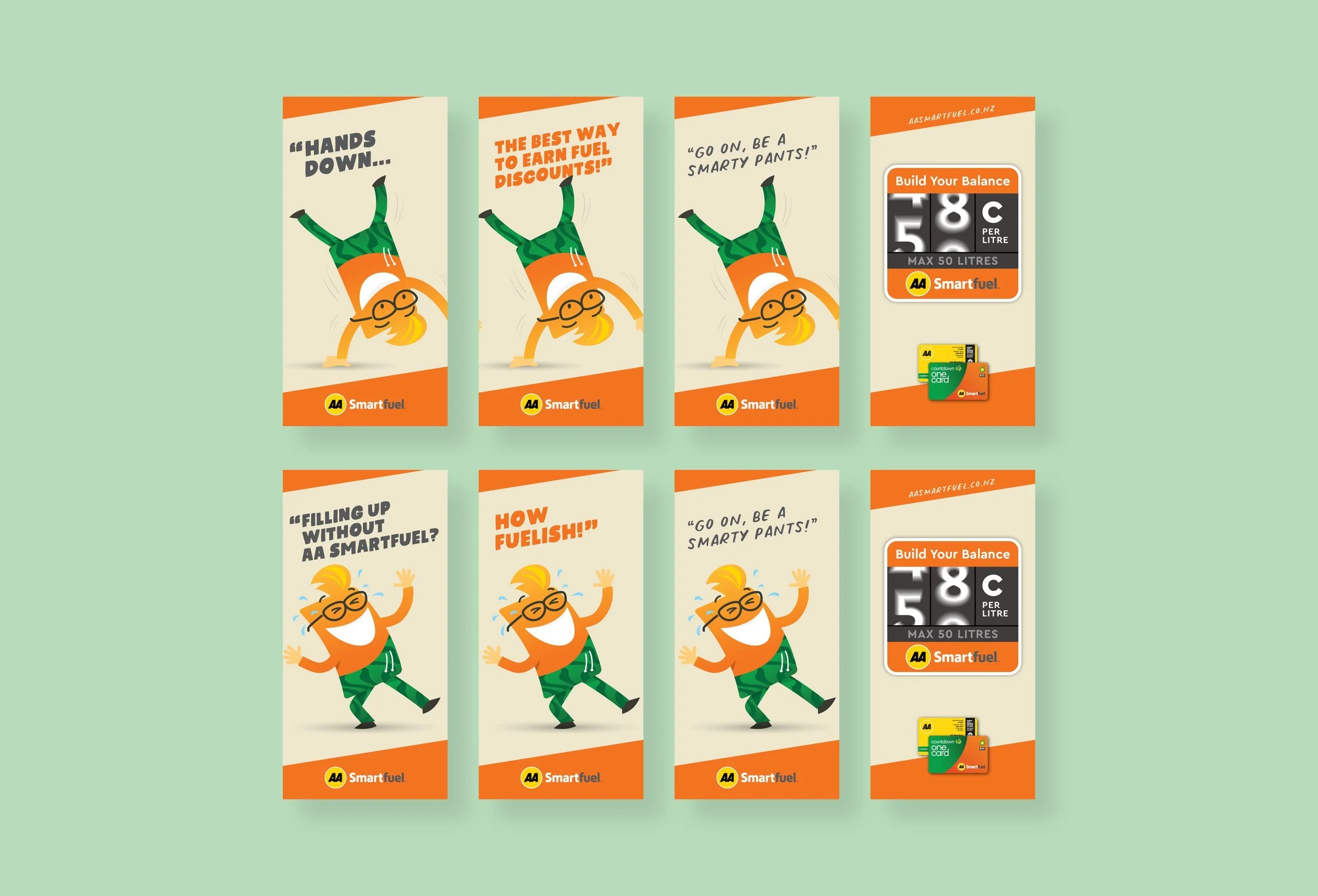 A set of promotional leaflets for AA SmartFuel with a cartoon character of a person with glasses and yellow hair, doing various activities like handstands and celebrating, accompanied by humorous slogans.