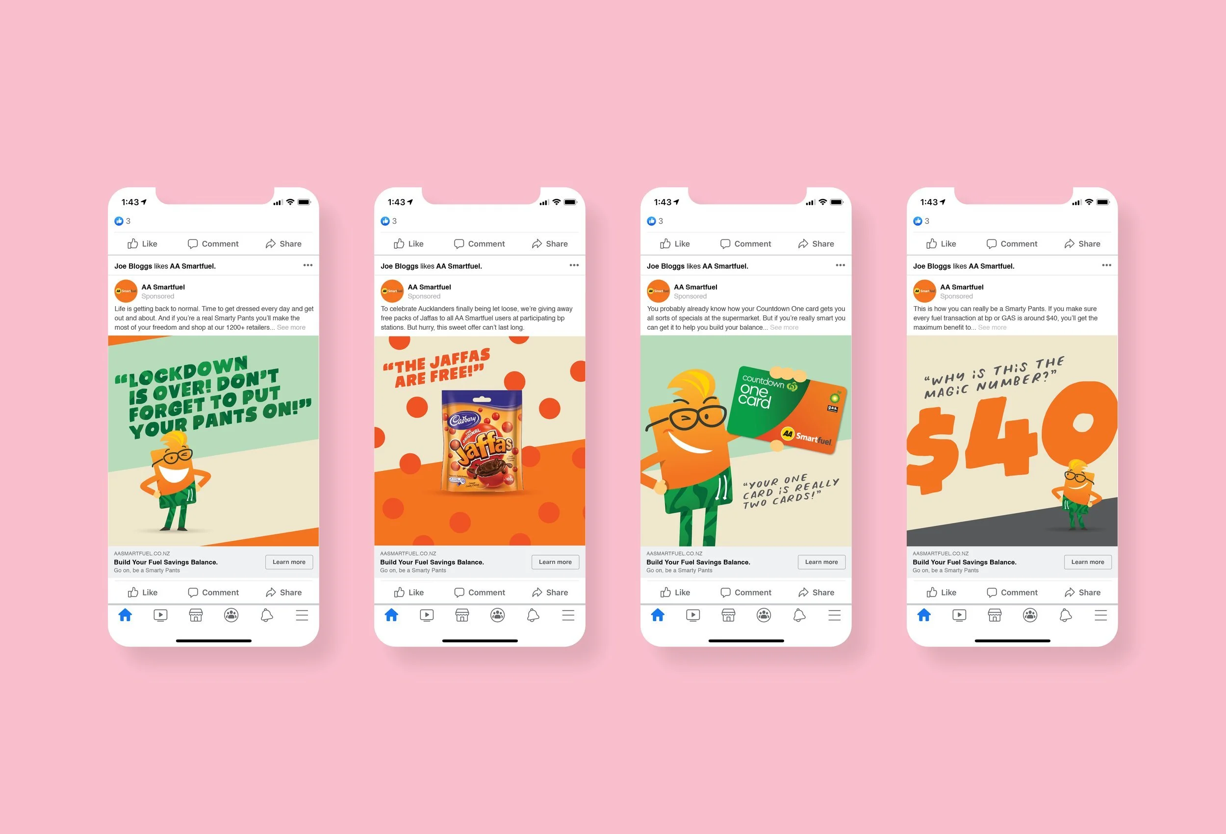 Four mobile phone screens displaying advertisements for smart fuel savings campaign, featuring colorful graphics and cartoon character with glasses and green pants against a pink background.
