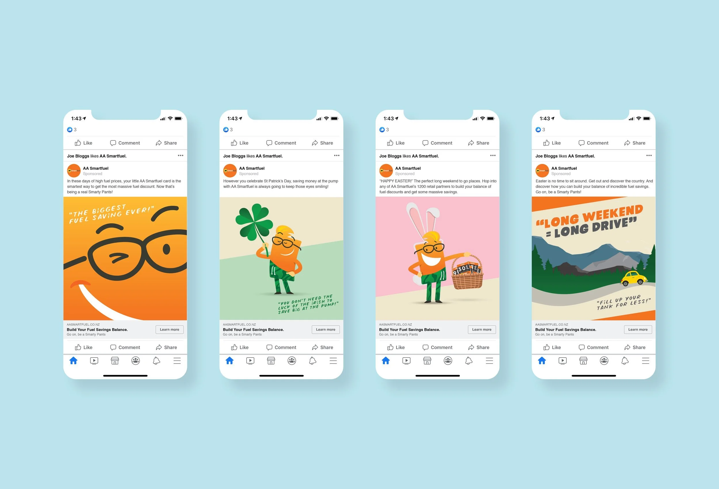 Four smartphone screens displaying different cheerful and colorful animated advertisements for fuel savings, featuring cartoon characters and vibrant backgrounds, with the focus on promoting smart fuel and savings for occasions like St. Patrick's Day and Easter.