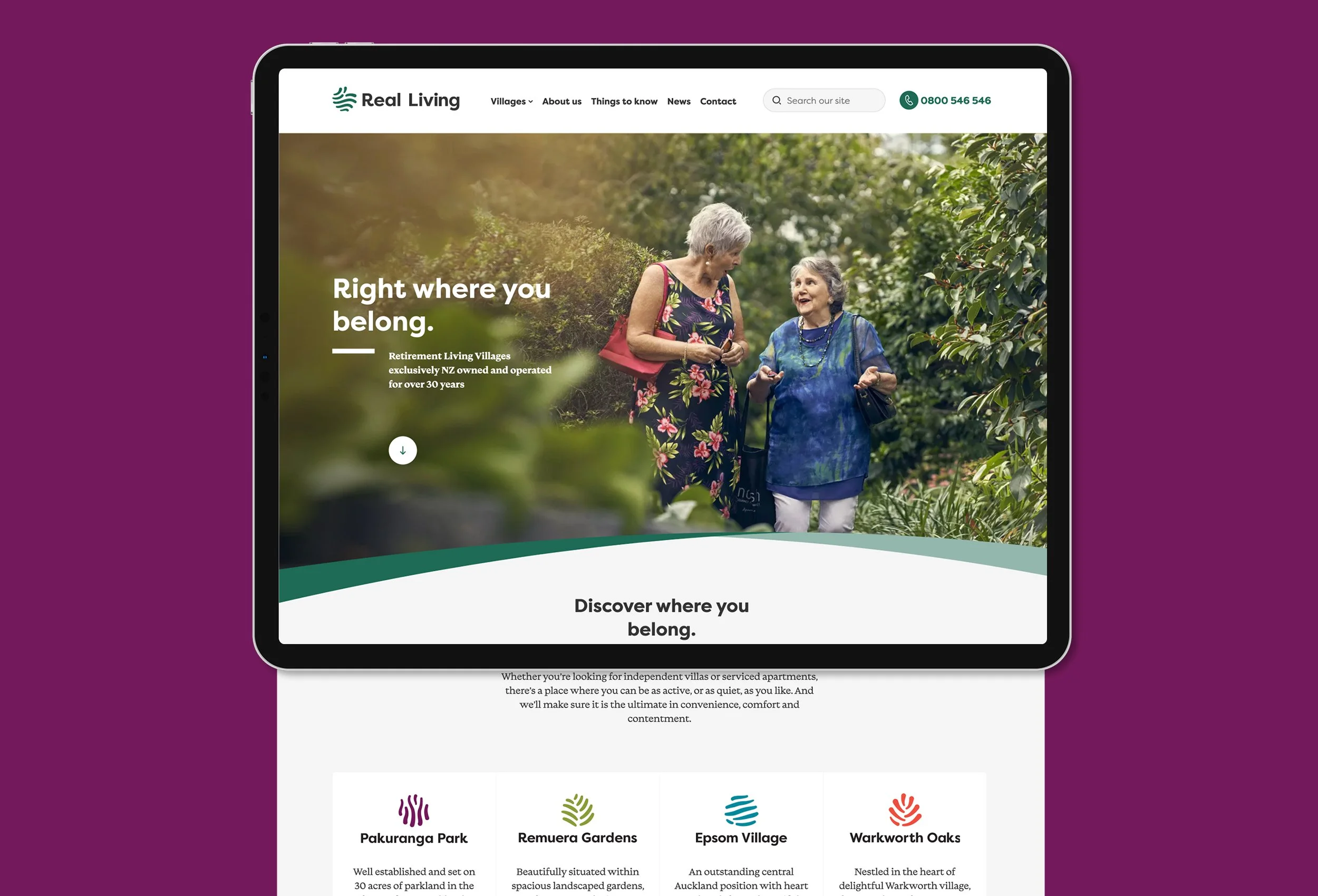 A website homepage showing two elderly women walking and talking in a lush green garden, with the text 'Right where you belong. Retirement Living Villages exclusively NZ owned and operated for over 30 years'.