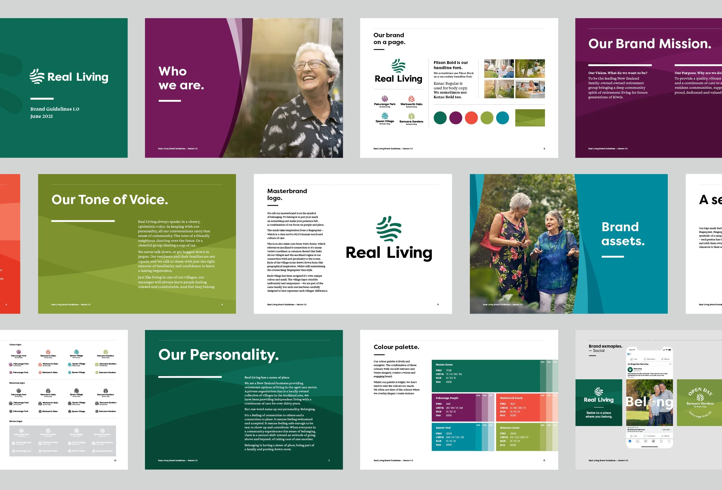 A collage of presentation slides related to a brand called Real Living, including topics like brand guidelines, identity, personality, mission, vision, color palette, and brand assets. Some slides feature images of elderly people engaging in outdoor activities.