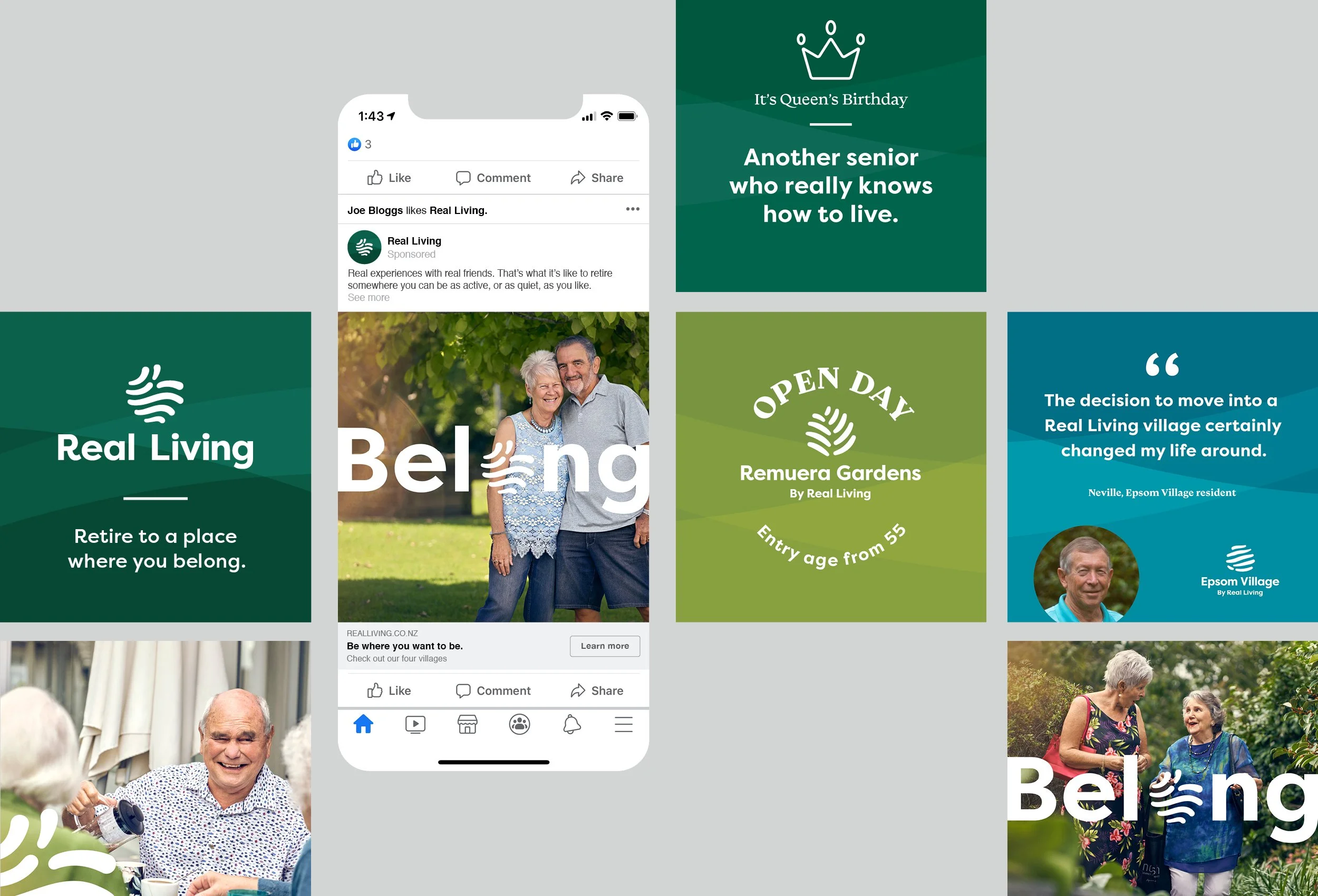 Collage of images including a smartphone screenshot of a Facebook page for Real Living, and various promotional graphics for a senior living community, featuring elderly people enjoying outdoor activities, with text promoting retirement and active lifestyles.