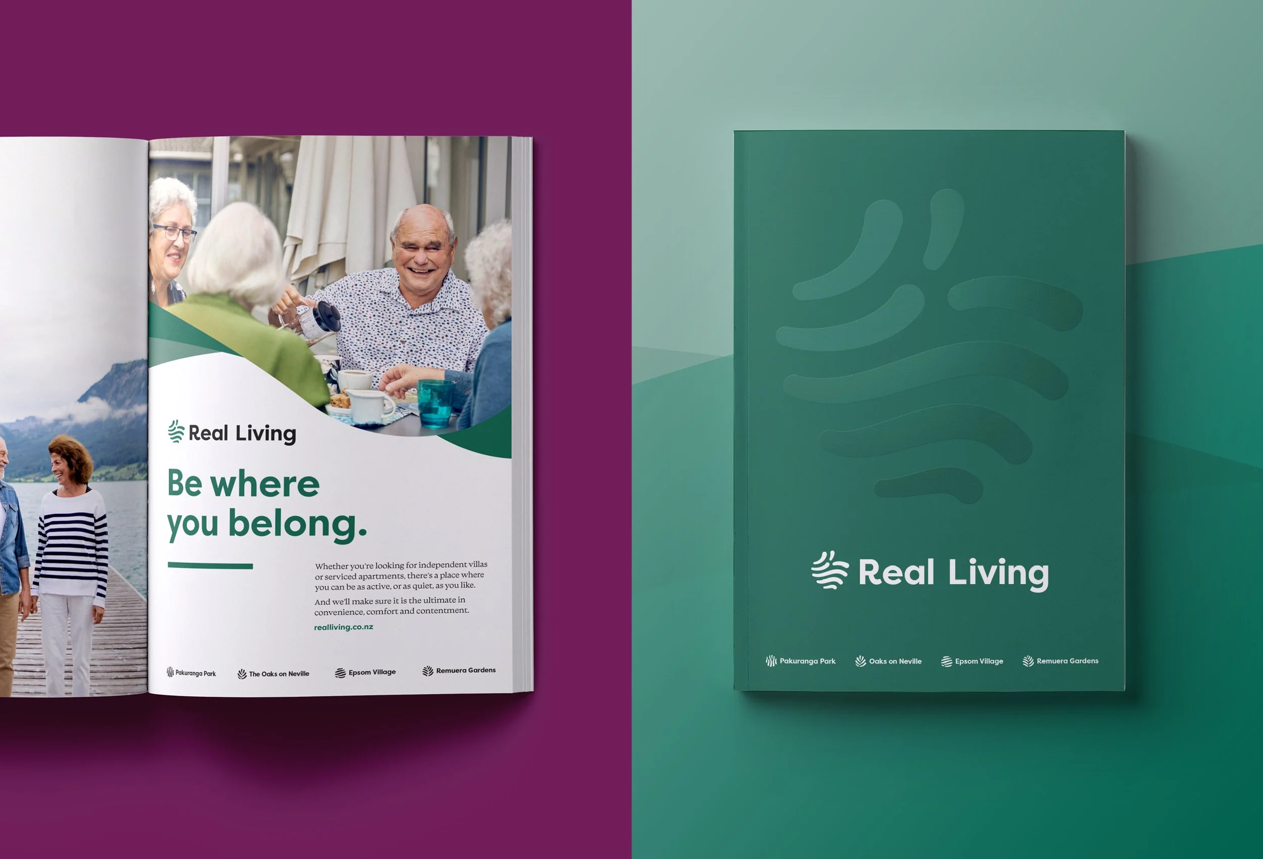 Open brochure for Real Living displaying images of happy elderly people and text promoting living places such as Pakuranga Park, Oaks on Neville, Epsom Village, and Remuera Gardens.