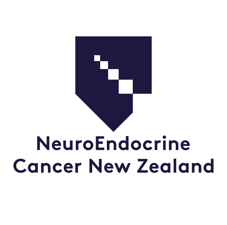 Logo for NeuroEndocrine Cancer New Zealand with a stylized purple shield and a diagonal pixelated line.