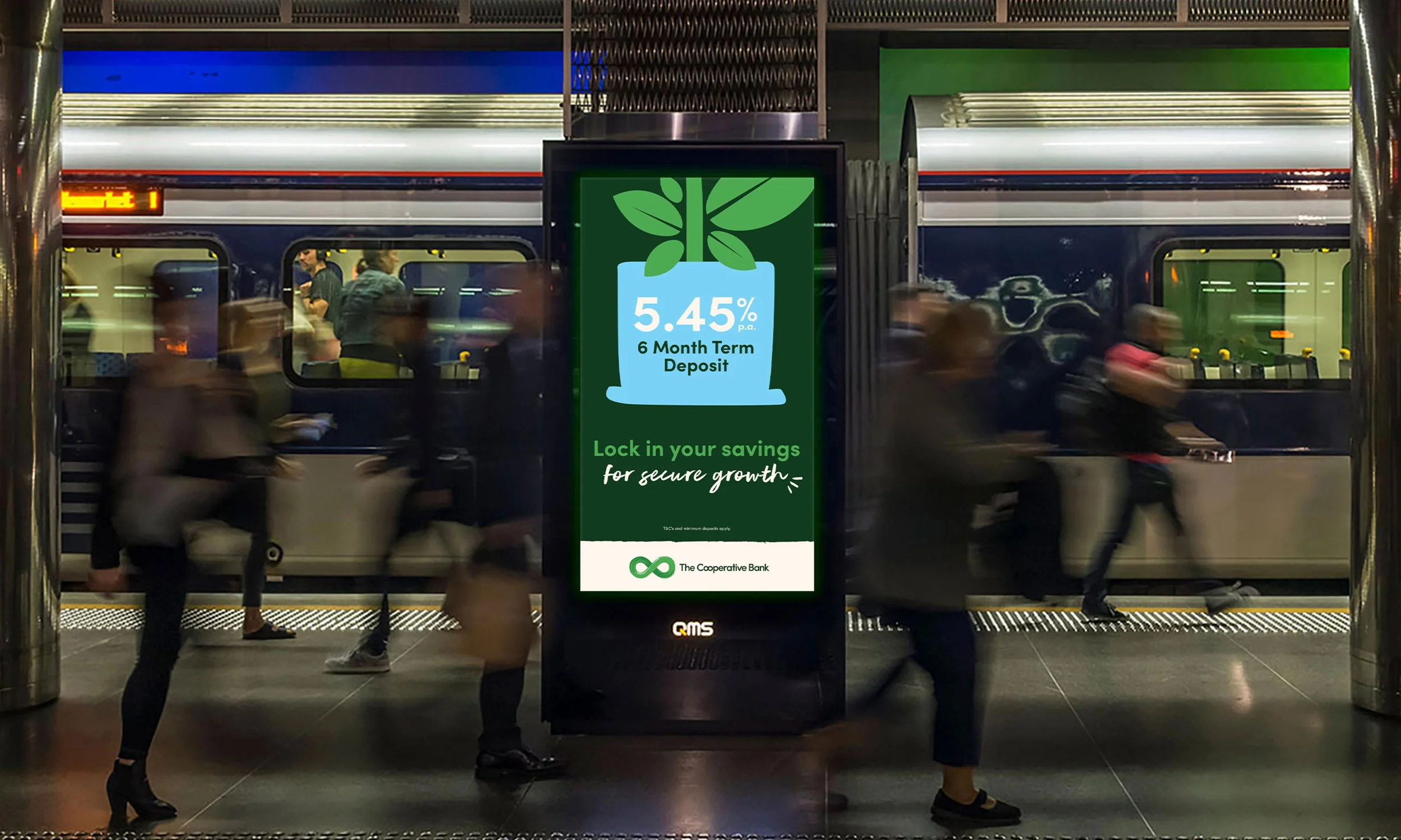 People walking through a train or subway station. There is a green advertisement sign with the text '5.45% p.a. 6 Month Term Deposit' and a slogan 'Lock in your savings for secure growth' at the center.