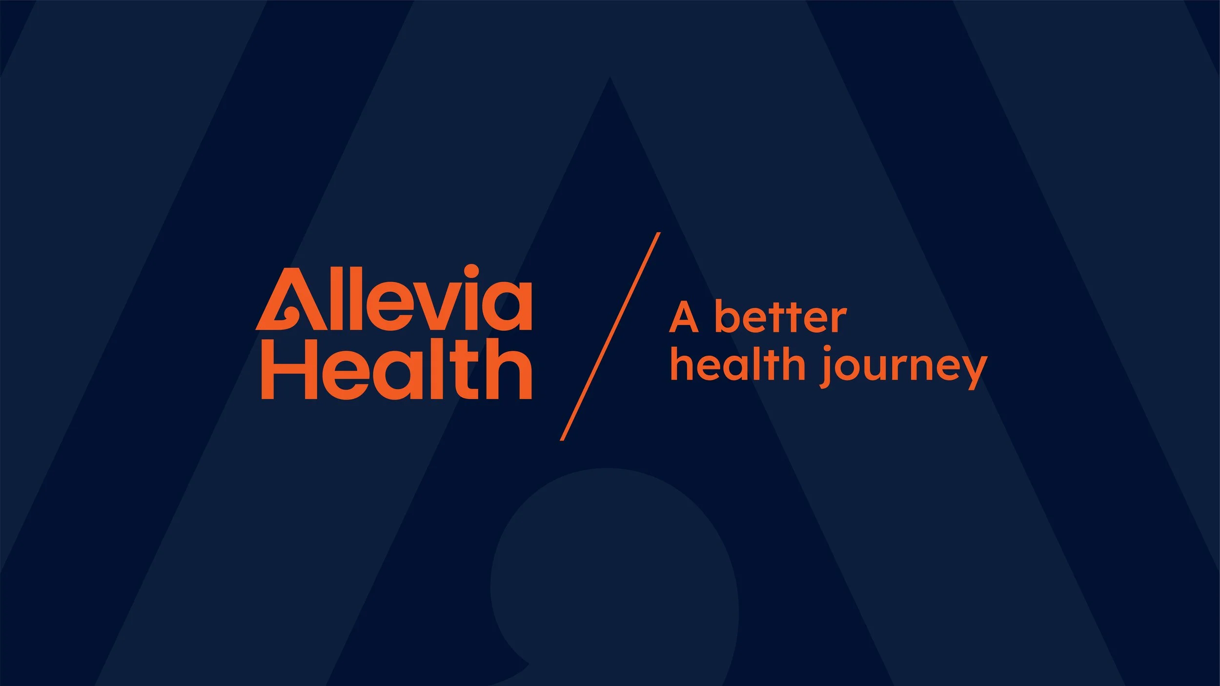 Background with abstract dark blue shapes and the text 'Allevia Health' in large orange letters on the left, and smaller orange text 'A better health journey' on the right, separated by a thin orange line.