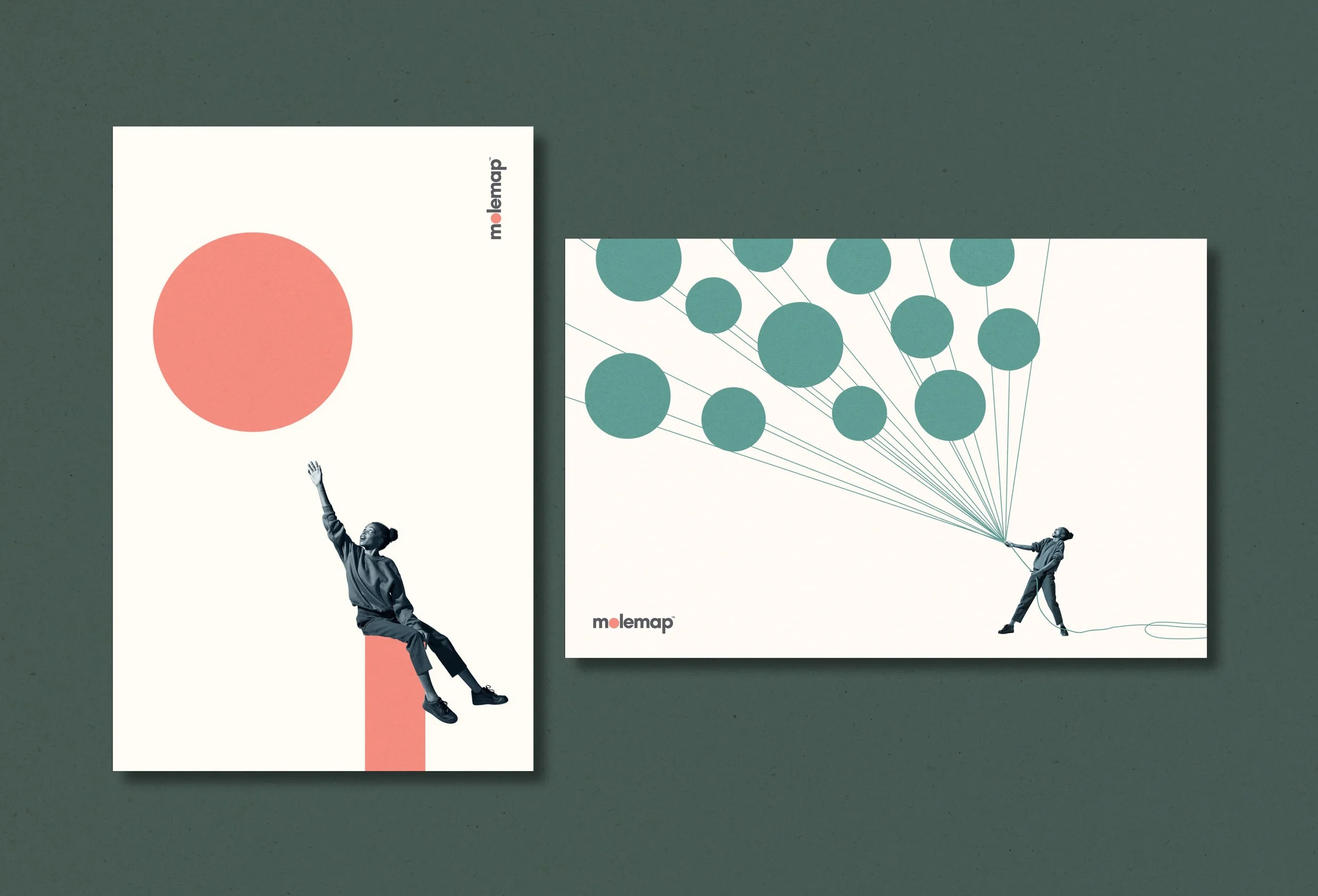 Two posters with abstract graphic designs on a dark green background. One poster shows a person with an outstretched arm and a large red circle above them. The other poster depicts a person holding a string connected to multiple blue circles.