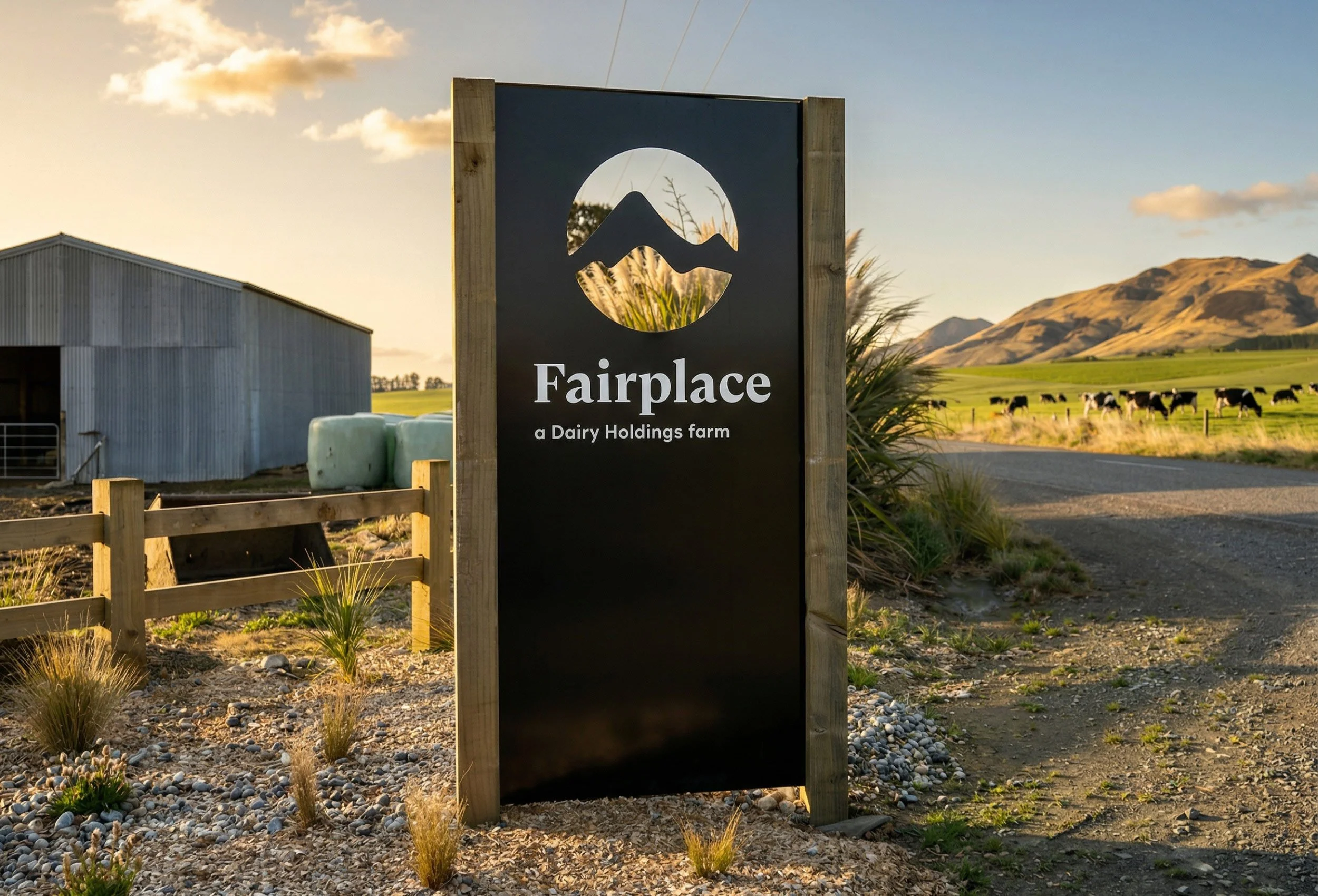 A sign reading 'Fairplace a Dairy Holdings farm' with a mountain logo, set against a rural landscape with a barn, green fields, and cows in the background at sunset.