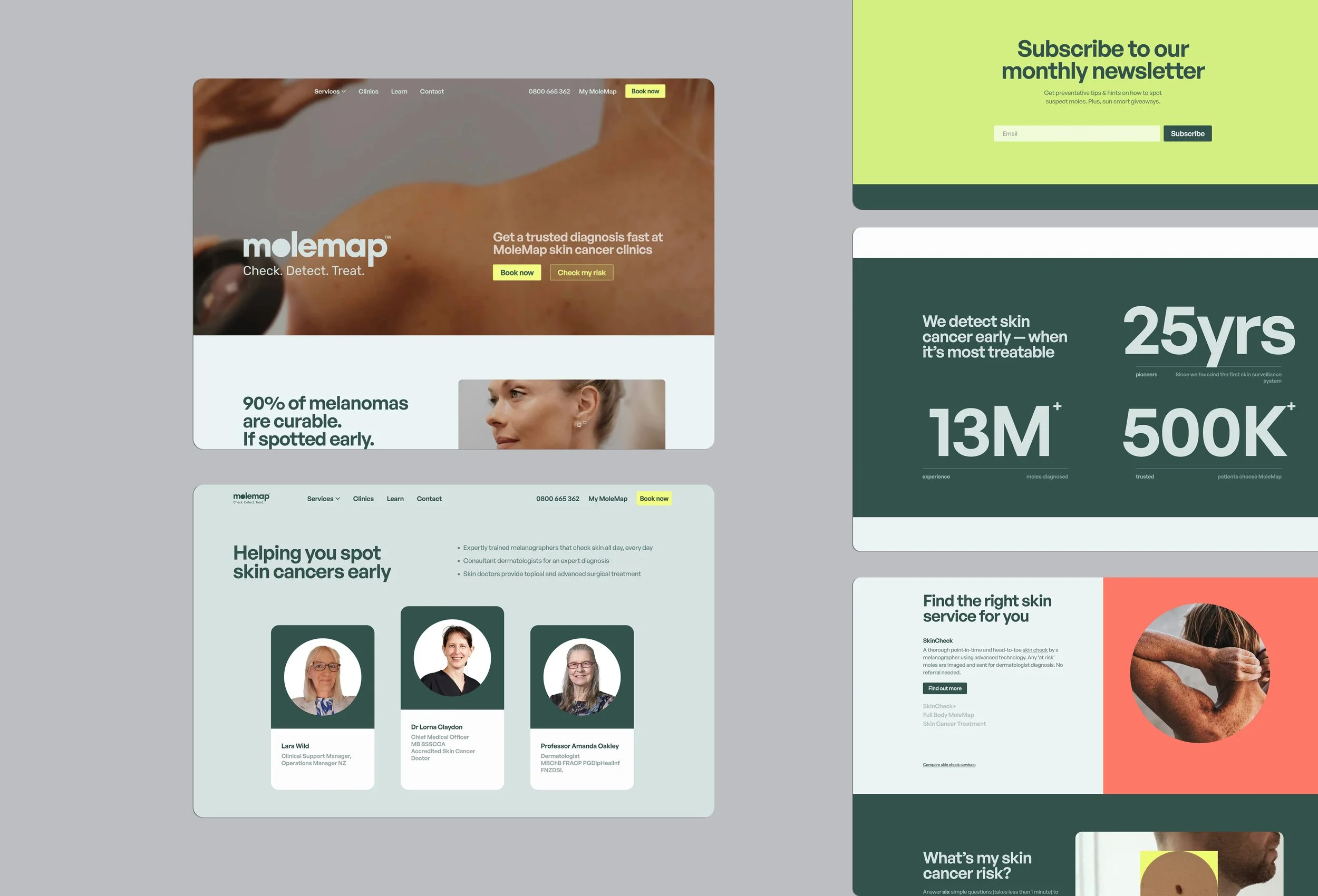A healthcare website with sections about skin cancer diagnosis, early detection, and dermatologist team, featuring images of people and informational graphics.