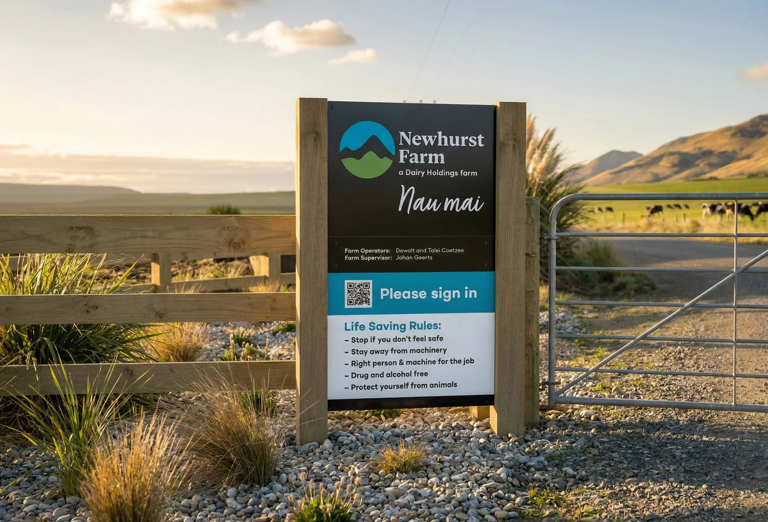 Sign at Newhurst Farm Dairy Holdings noting farm operators and supervisor, with life-saving rules and QR code, set against scenic rural landscape with hills and cattle.