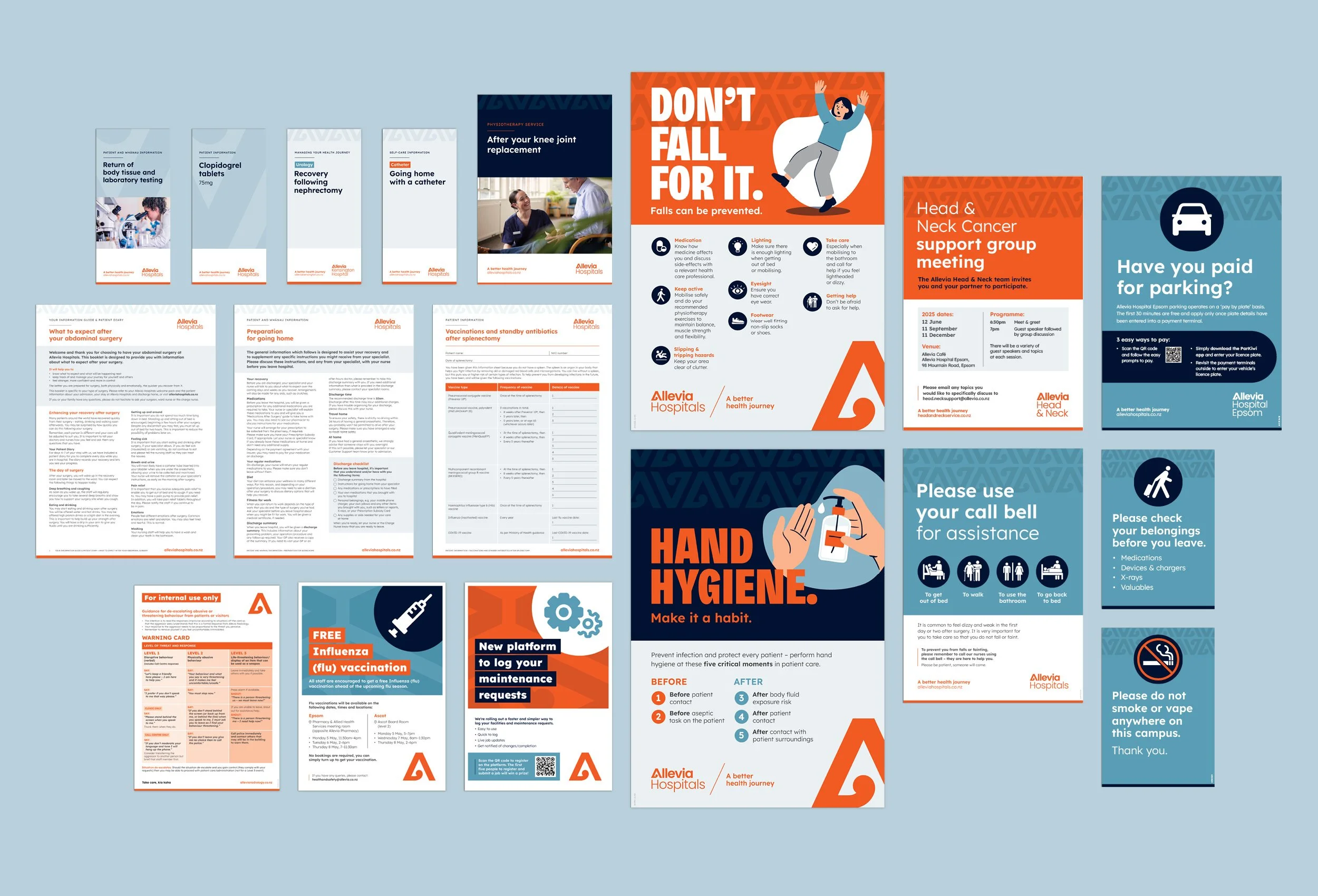A collection of health and safety informational posters from Allevia Hospitals, including topics such as hand hygiene, parking payment, vaccination, knee joint replacement, support groups for head and neck cancer, and COVID-19 precautions.