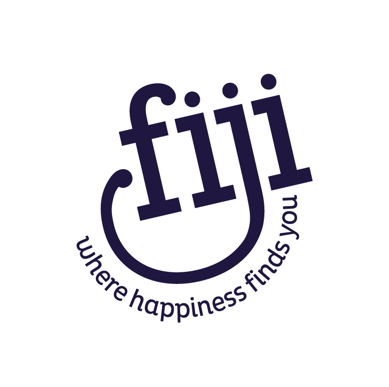 Logo with the word 'fiji' in lowercase, stylized with three dots above the 'i's, and a circular arrow around it. The text 'where happiness finds you' is curved underneath.