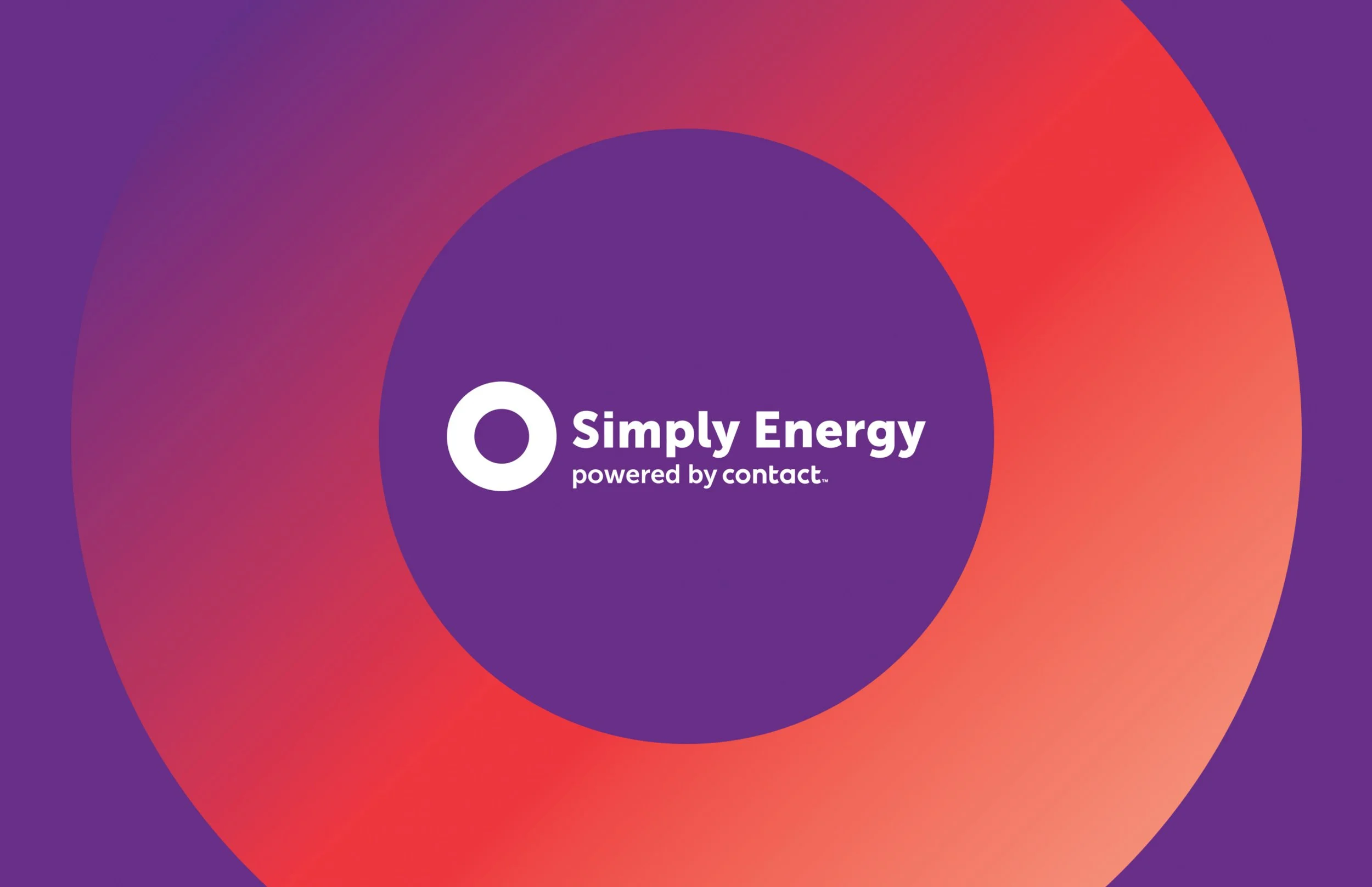 Gradient background with purple, red, and orange tones and the logo of Simply Energy, powered by contact.