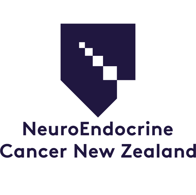 Logo of NeuroEndocrine Cancer New Zealand with a stylized DNA strand in a dark square.
