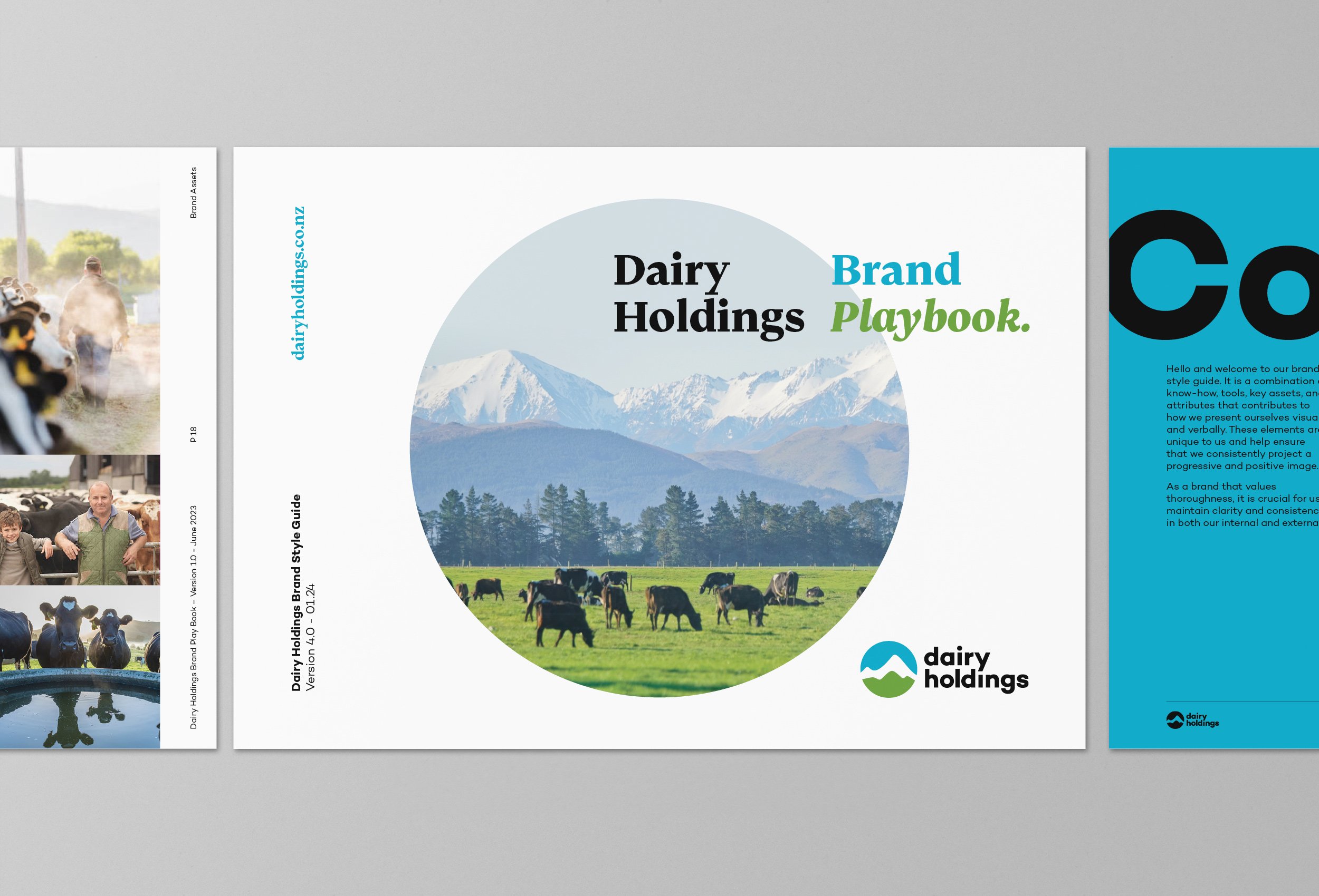 Cover page of Dairy Holdings Playbook featuring a mountain landscape with green fields and cows, logo of Dairy Holdings at the bottom.