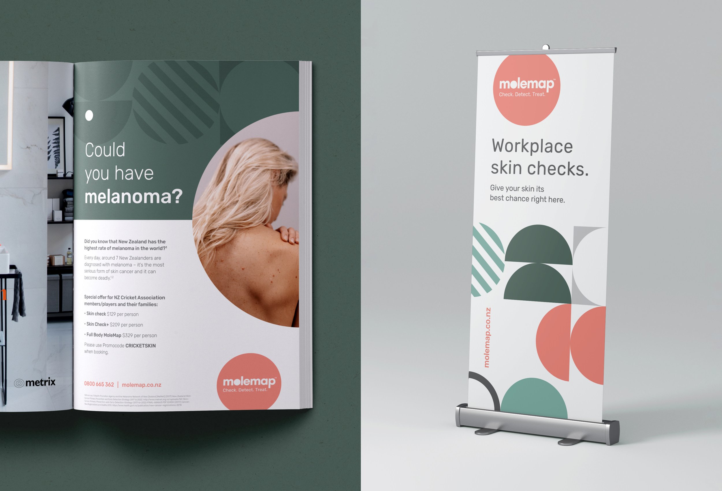 A brochure and a roll-up banner display information about skin checks for melanoma, with green and white backgrounds and text regarding skin cancer awareness.