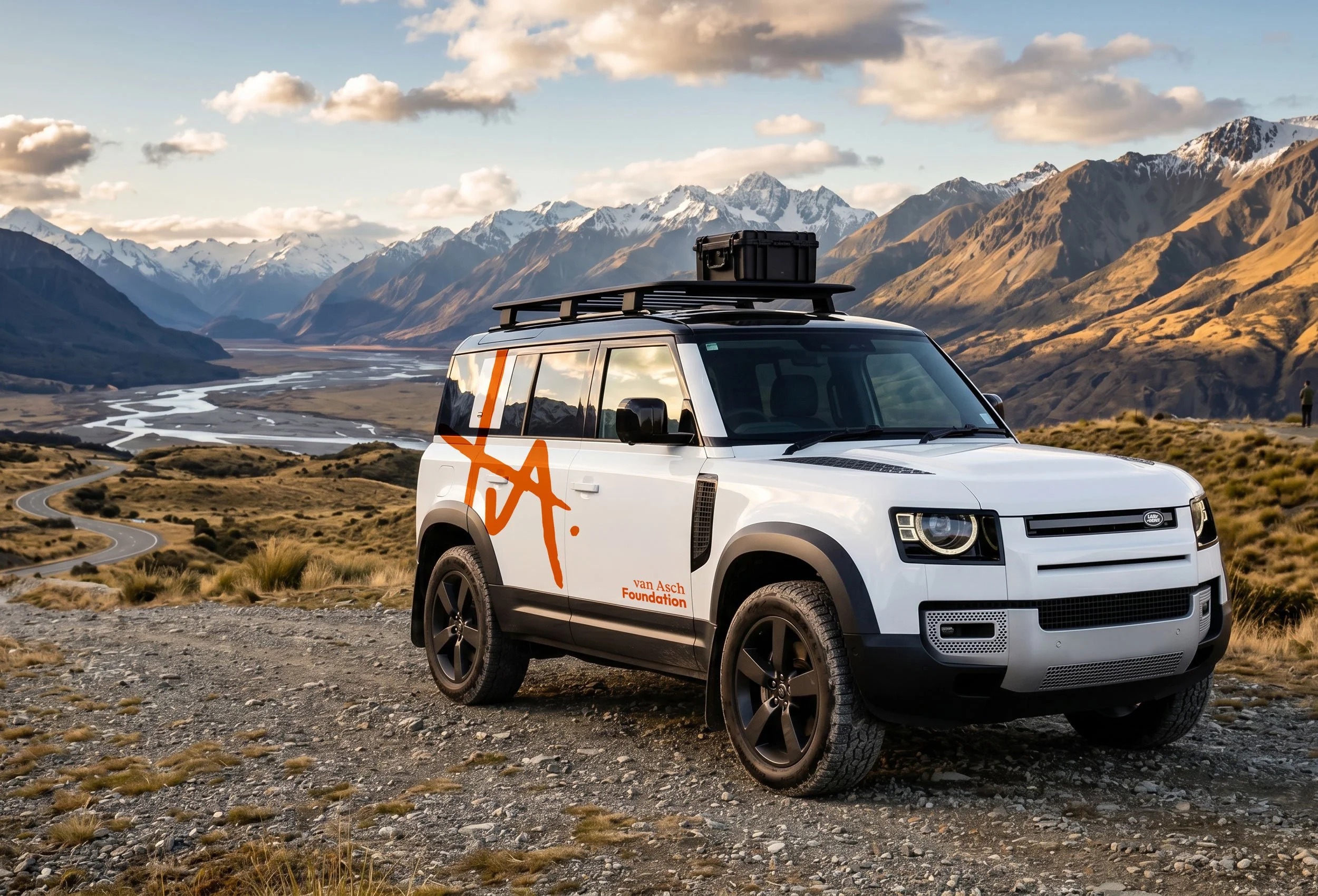 A white vehicle with an 'van Asch Foundation' logo parked in a mountainous landscape with winding roads, snow-capped peaks, and a partly cloudy sky.