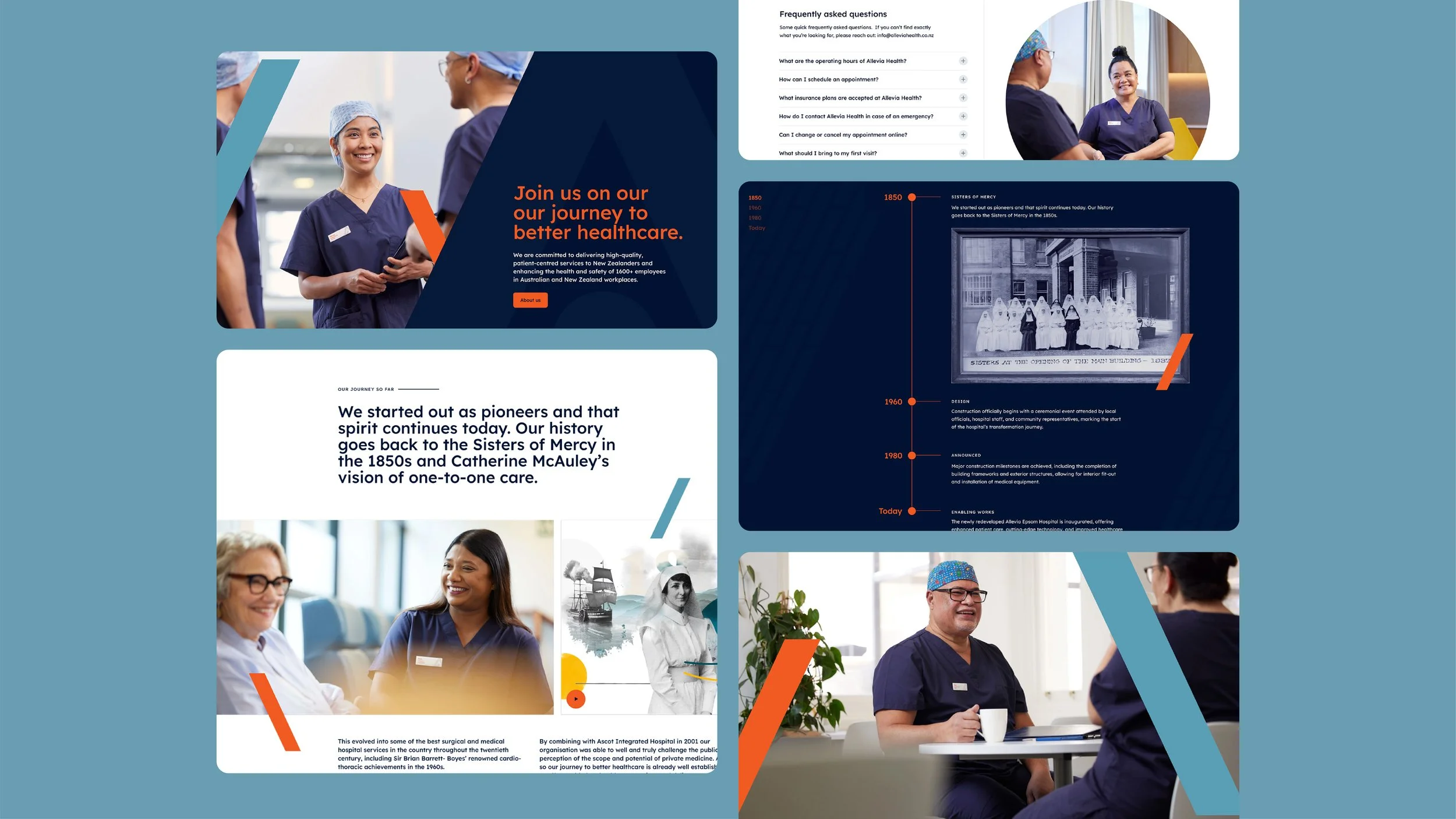 A collage of images and text on a healthcare organization's webpage, featuring healthcare professionals, historical timeline, FAQ section, and a message about commitment to better healthcare.