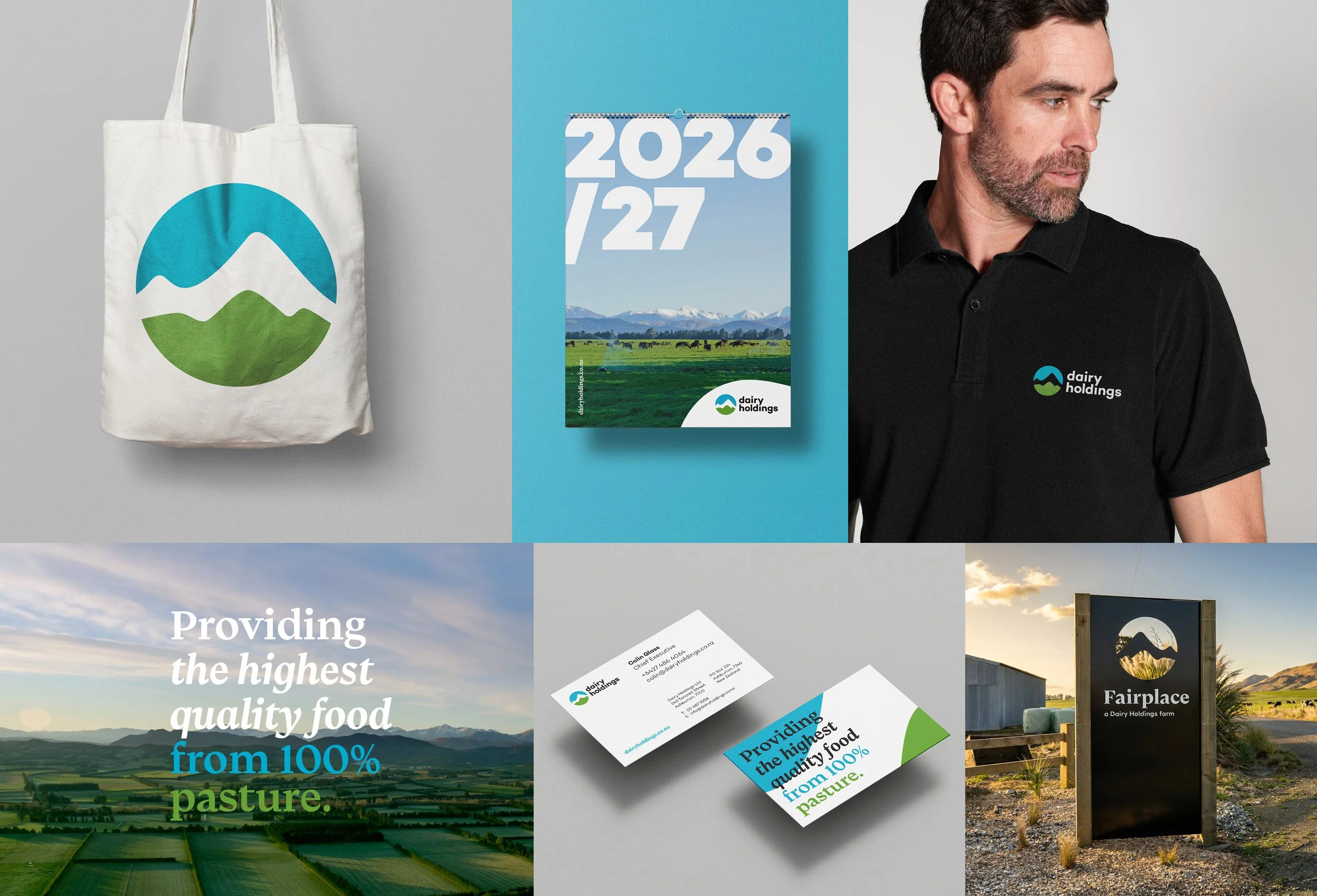 Collection of promotional materials for Dairy Holdings, including a tote bag with a stylized mountain and pasture logo, a calendar dated 2026/27 with scenic landscape, business card, brochure, and billboard showcasing scenic rural landscape with mountains and a farm building.