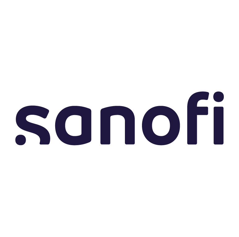 Sanofi logo in purple text on a black background.