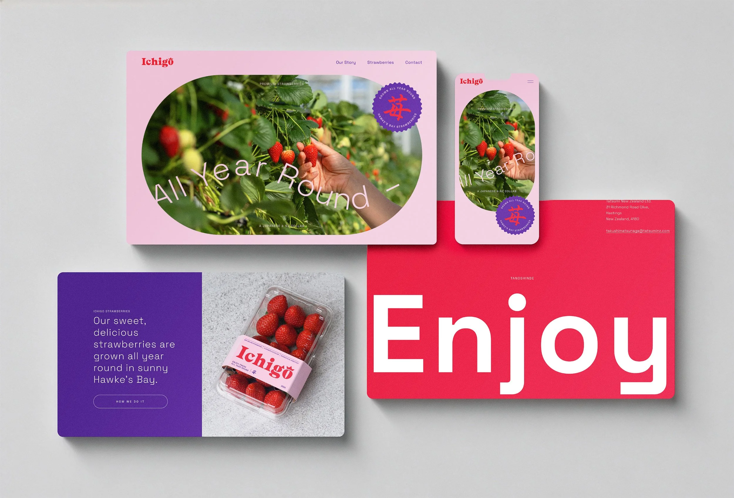 Display of strawberry-themed promotional materials, including a pink background with a large circular image of strawberries on a plant and a hand picking them, a purple text box with white text about strawberries, a plastic container of strawberries, and various colorful design elements.