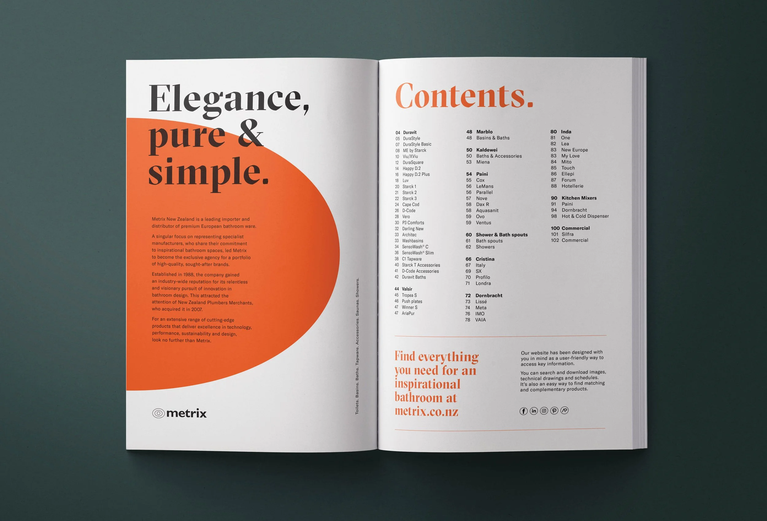 Open magazine with bold black and orange text on white background, showing a table of contents for a bathroom and accessories brand, set against a dark green surface.
