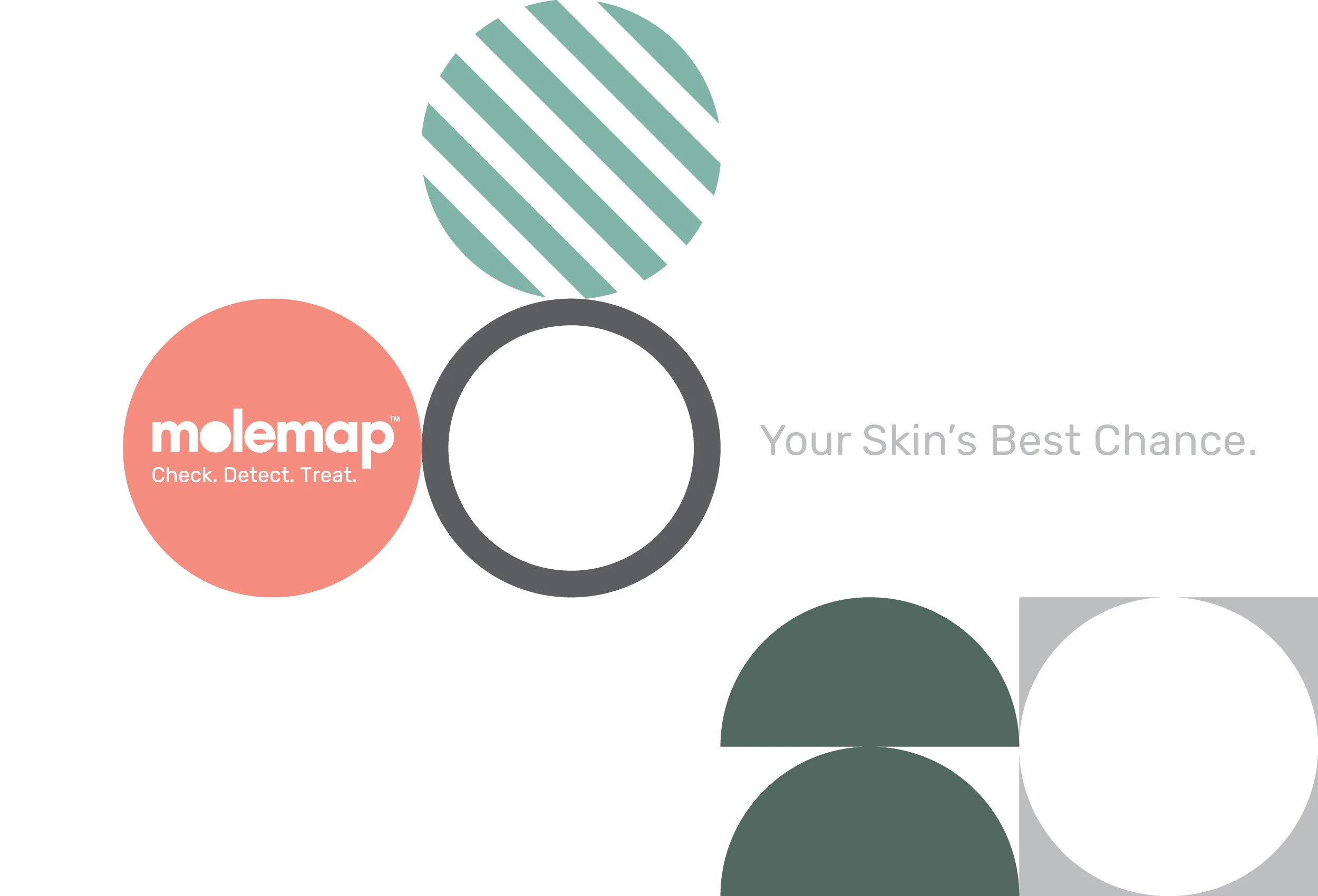 A digital illustration with overlapping circles and text. The circles are in muted colors, including salmon, dark green, and light green with stripes. The visible text includes a salmon circle with the words "molemap" and the tagline "Check. Detect. Treat." and a gray circle with the phrase "Your Skin's Best Chance."