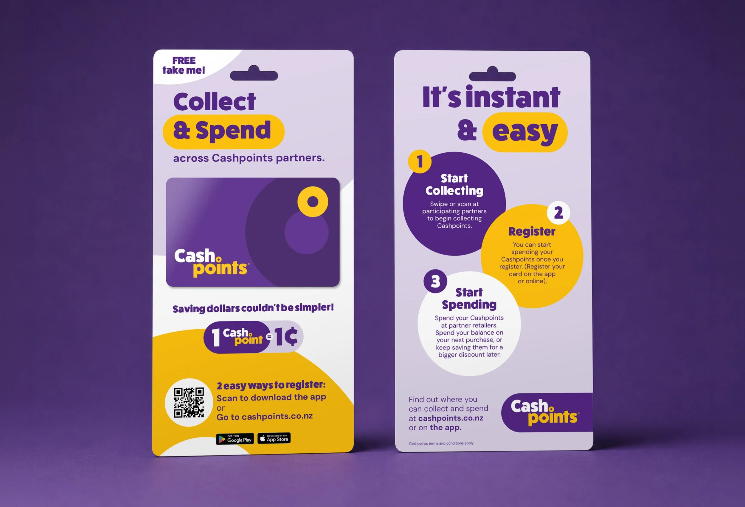 Infographic about earning and spending cashpoints with Cashpoints partners, including instructions for collecting and spending, download options via app or website, and QR code for registration.