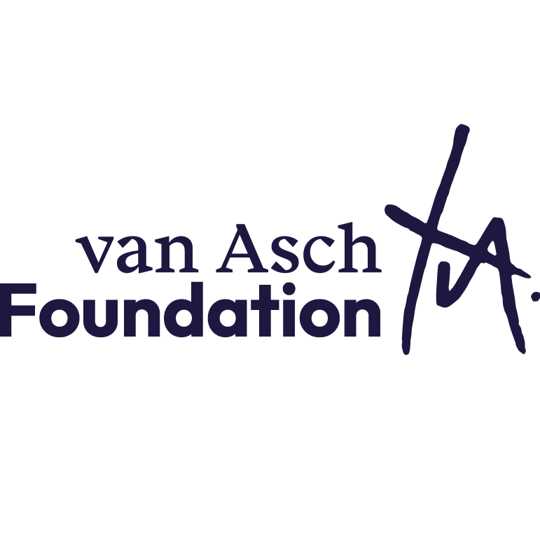 Van Asch Foundation logo with stylized signature and text in dark purple.