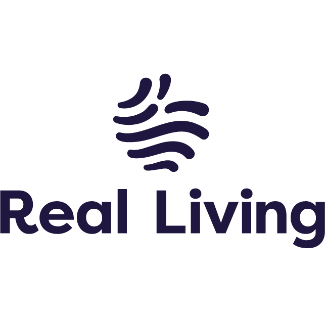 Logo with a stylized bowl and steam above, and the words "Real Living" underneath.