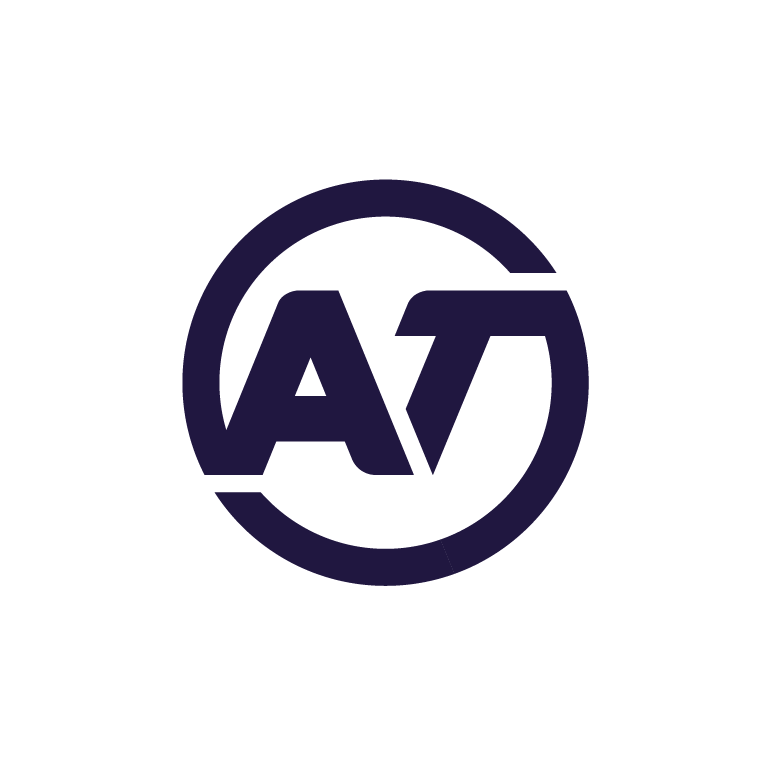 A circular logo with the letters A and T inside, all in a dark color on a black background.