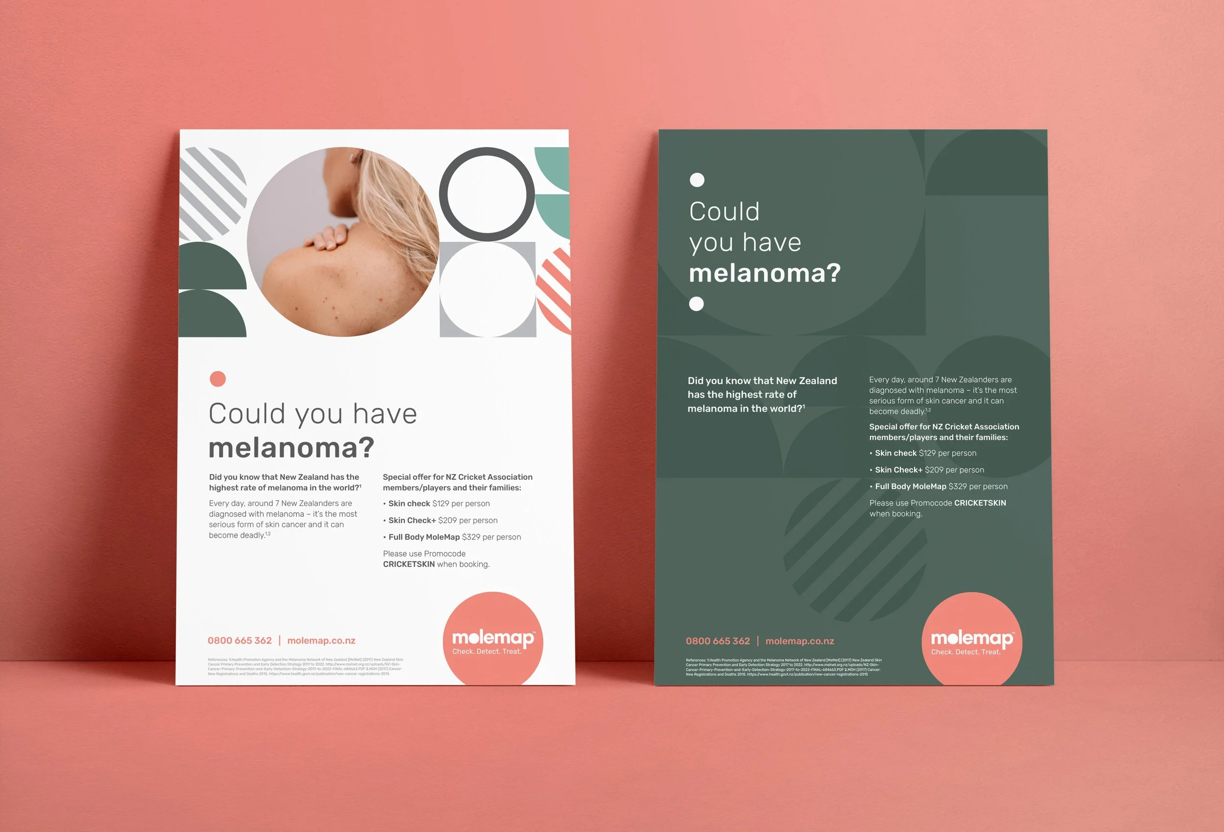 Two informational flyers about melanoma, one with a woman’s shoulder and back showing moles, and the other asking if you could have melanoma in green background. Both flyers contain details about melanoma prevention and screening offers from Molemap, with contact number and website.