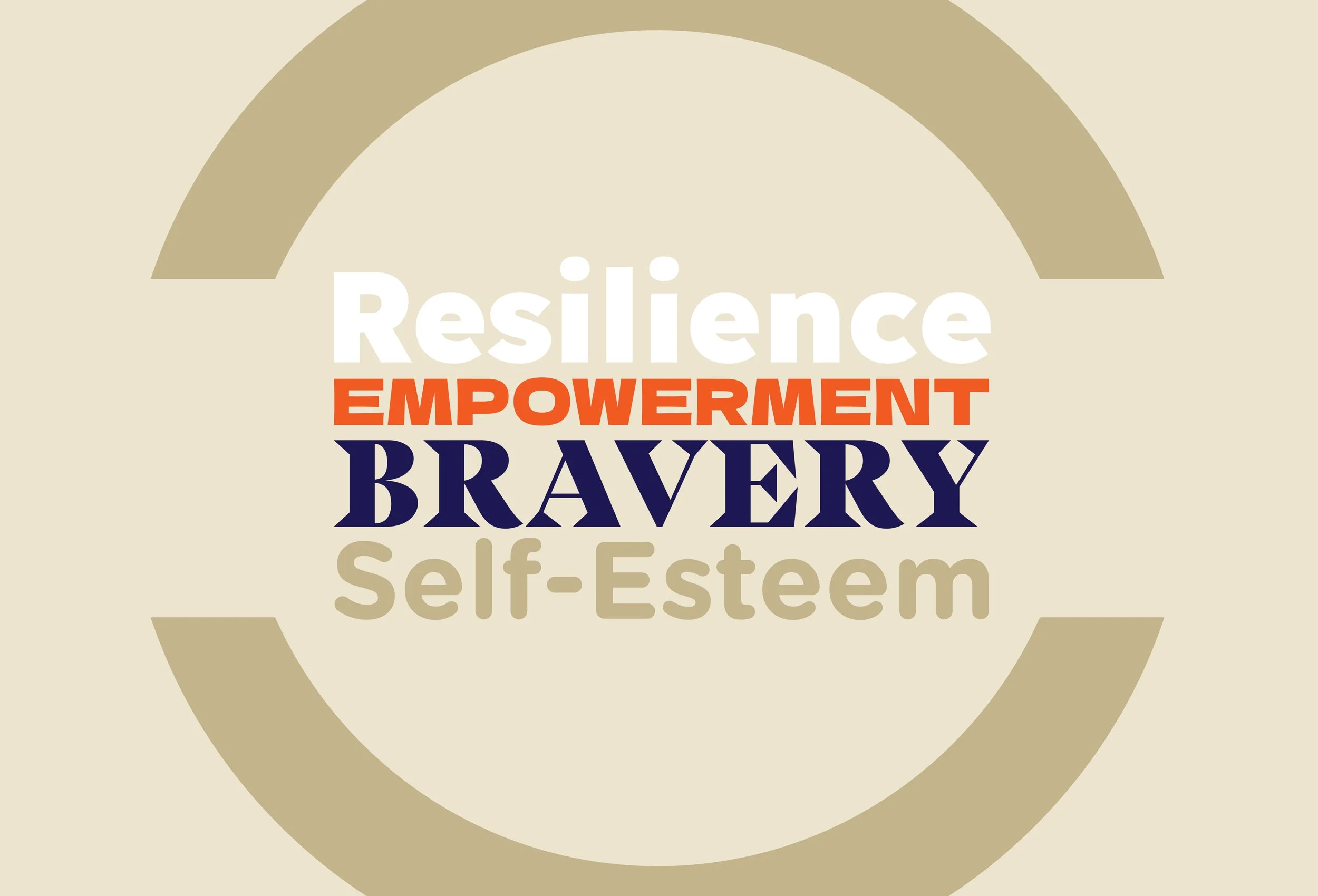 A graphic featuring a rainbow and concentric circles in beige shades with the words 'Resilience,' 'Empowerment,' 'Bravery,' and 'Self-Esteem' in bold text.