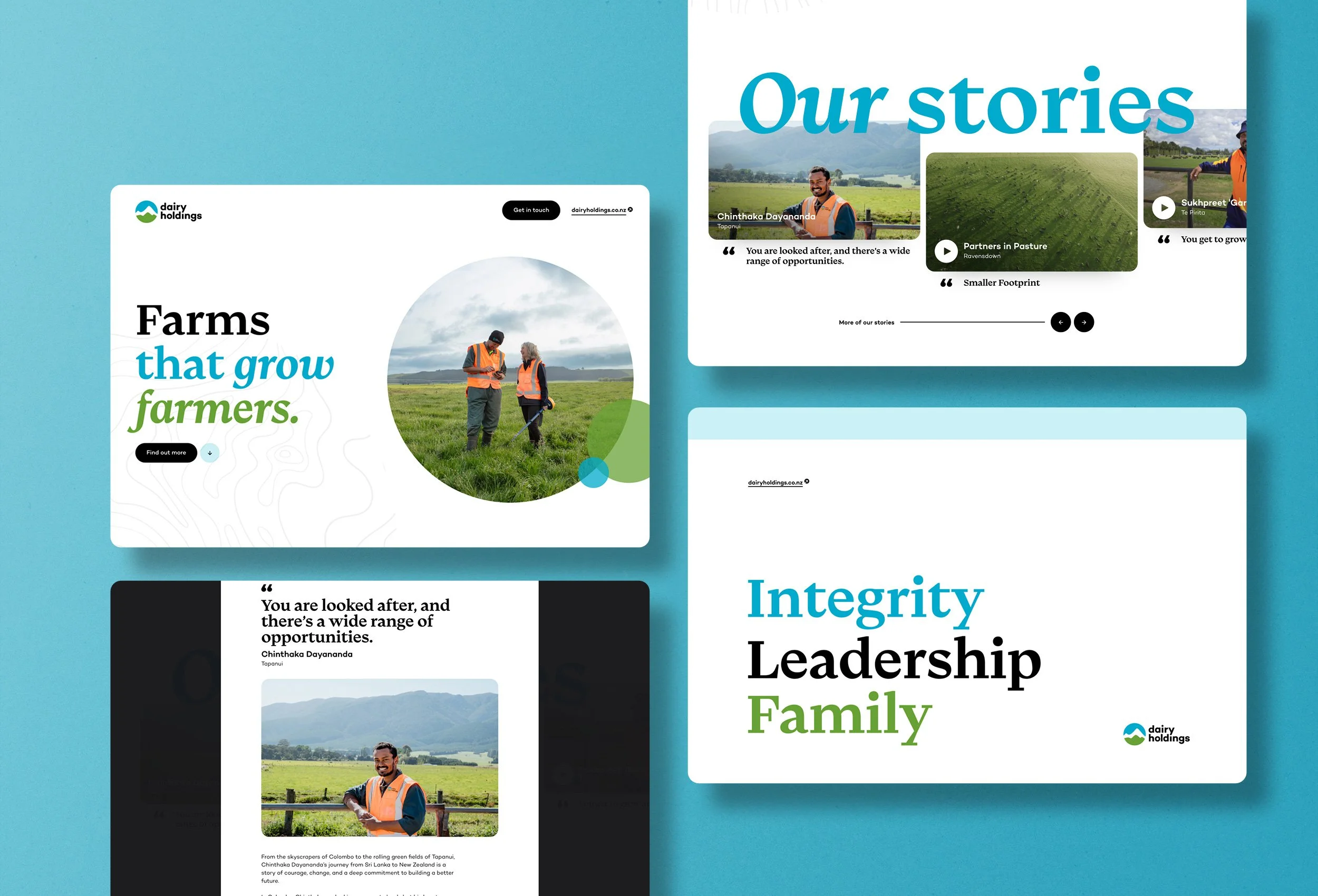 A collage of images showcasing dairy farm stories, including farmers working outdoors and scenic farm landscapes, with text highlighting themes of growth, opportunity, integrity, and leadership.