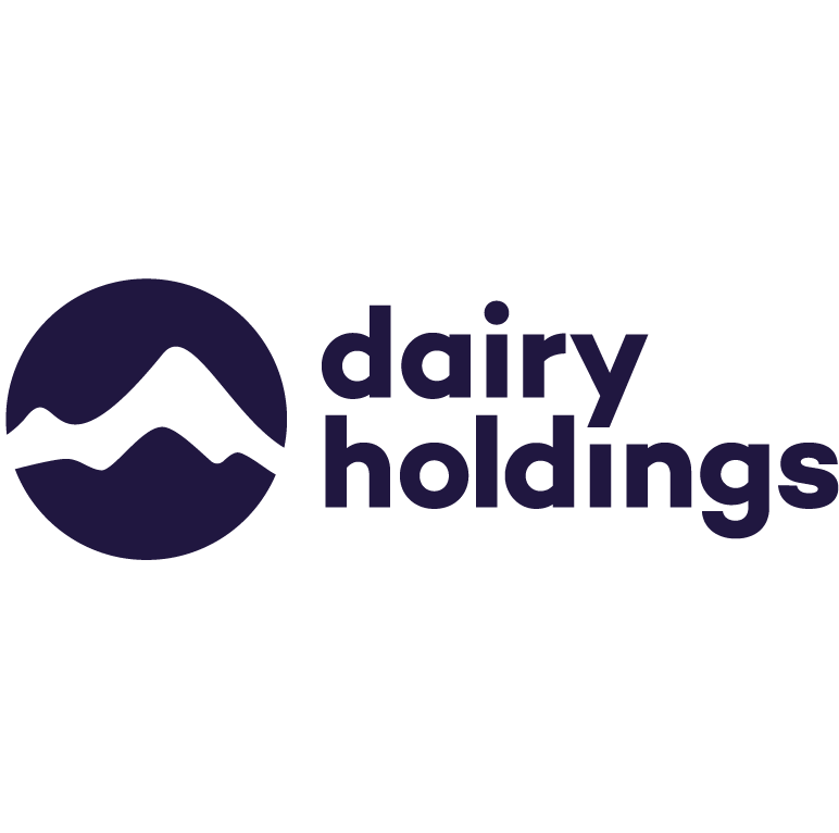 Logo with circular icon of stylized mountains and waves, next to the text 'dairy holdings' in dark purple.