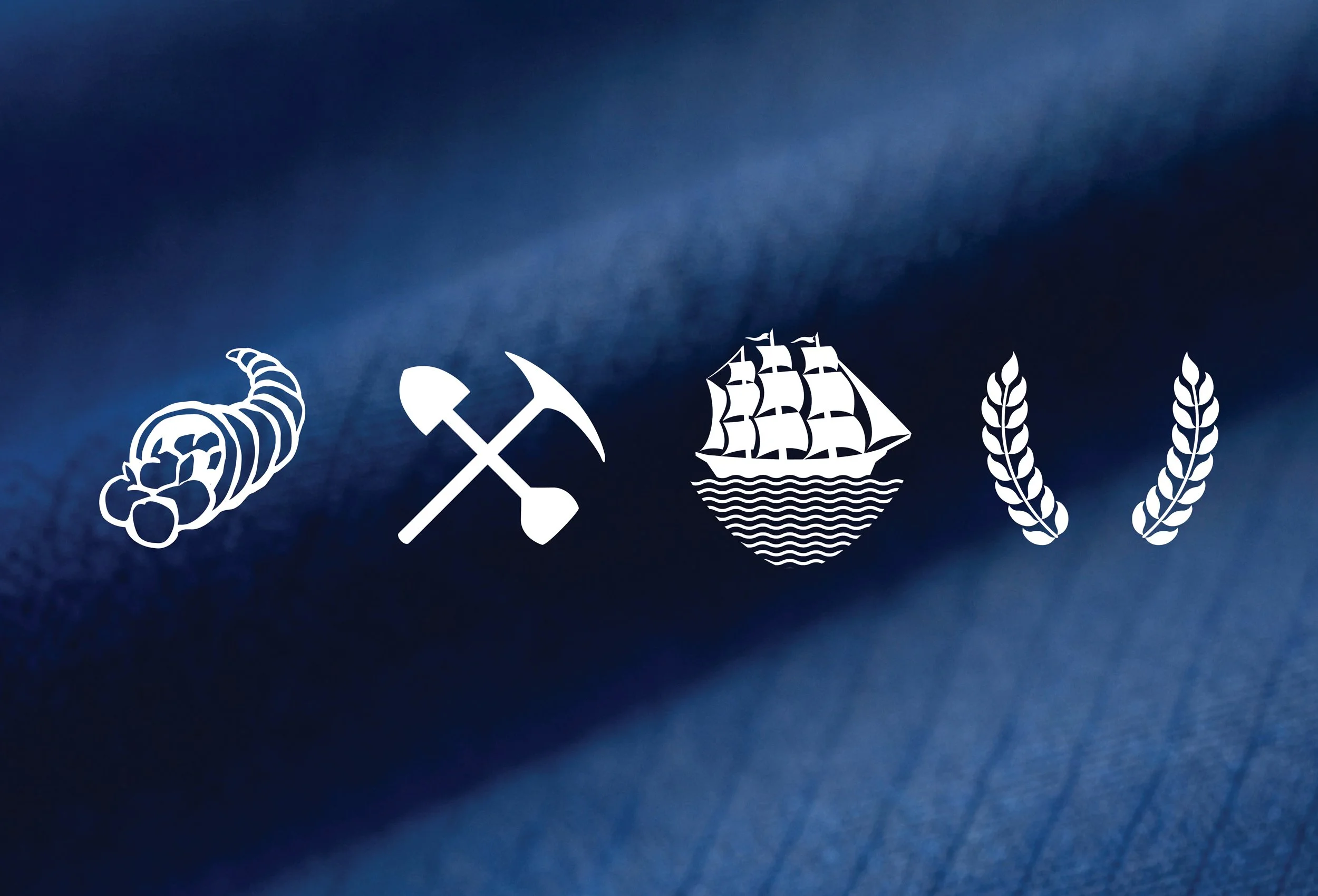 White icons of a firecracker, pickaxe, sailing ship, and wheat stalks are displayed against a dark blue background.