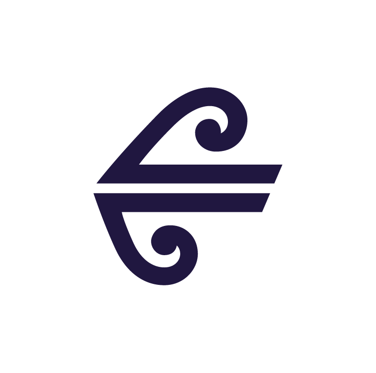 A stylized, symmetrical logo with a central horizontal line and swirling shapes above and below, resembling a mirrored design in dark purple on a black background.