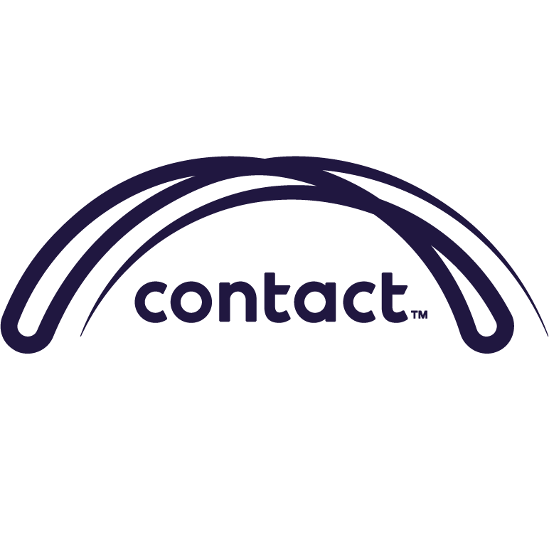 A logo with an abstract rainbow design and the word "contact" underneath.