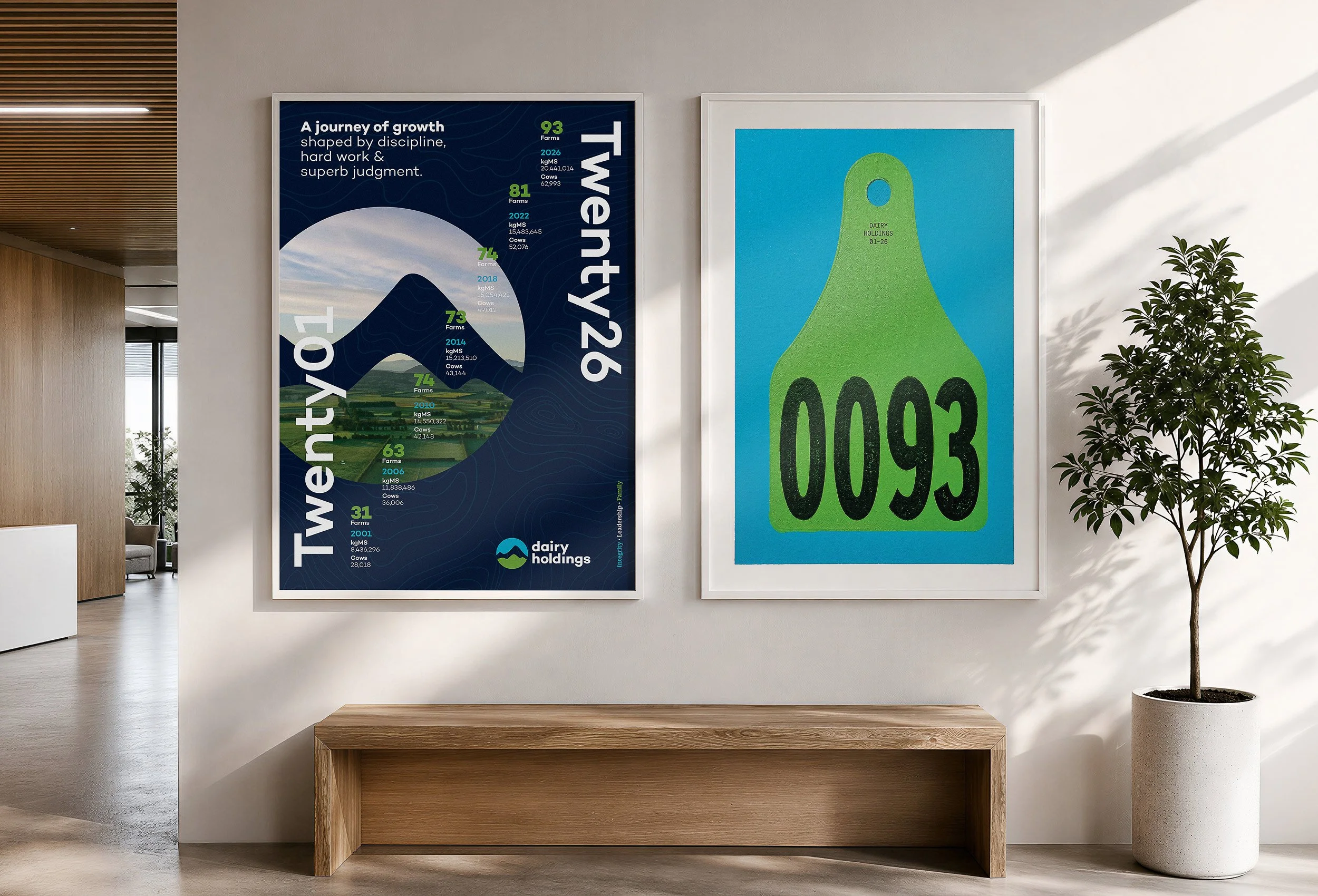 Interior view of a building with two framed posters on the wall and a small tree in a pot on the right. The left poster displays a growth chart with text about dairy farms, and the right poster features a green dairy bottle illustration with the number 0053.