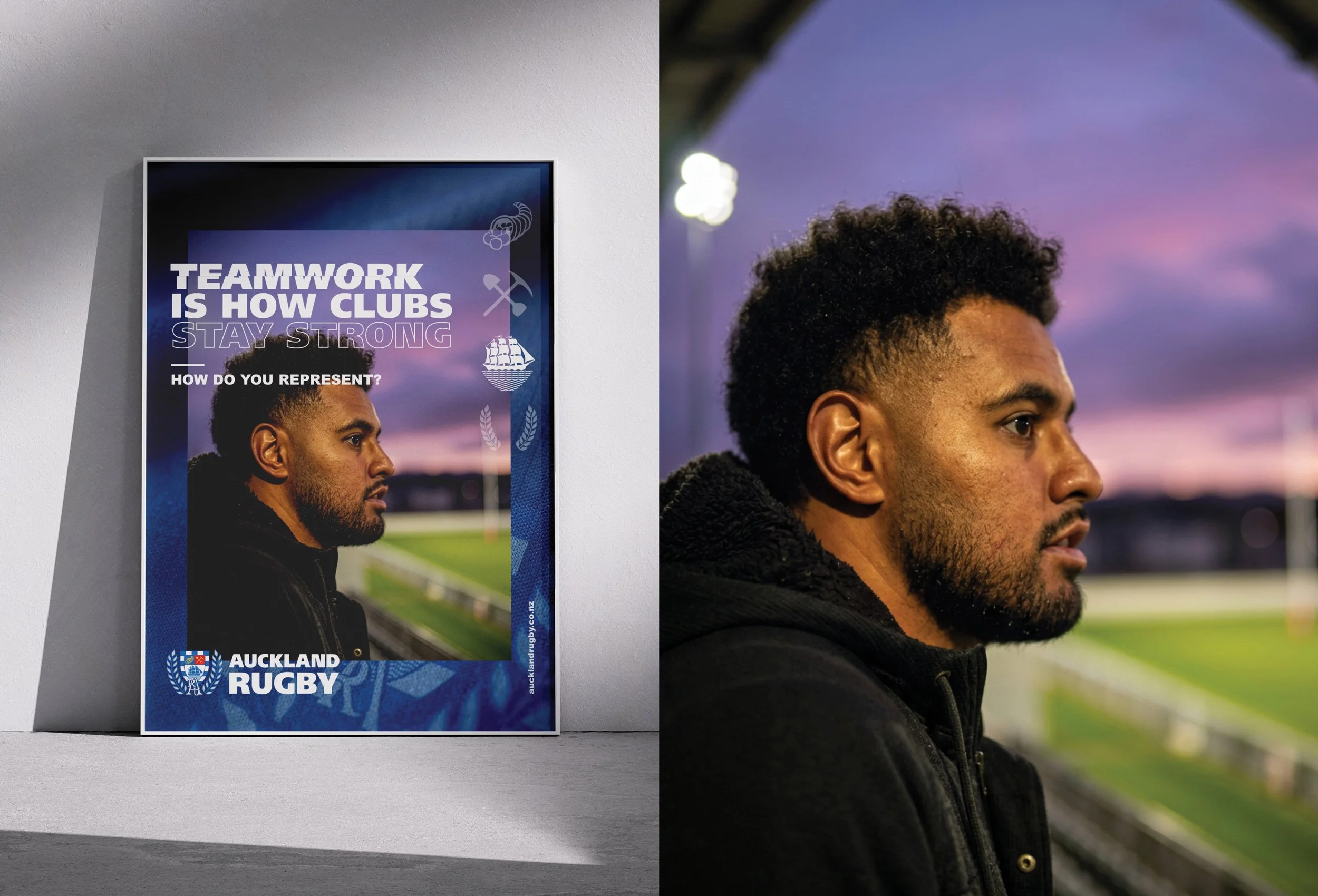 A framed poster on a white wall featuring a profile photo of a young man with curly hair, set against a sunset sky, with the text 'TEAMWORK IS HOW CLUBS STAY STRONG' and 'HOW DO YOU REPRESENT?' along with Auckland Rugby logo.