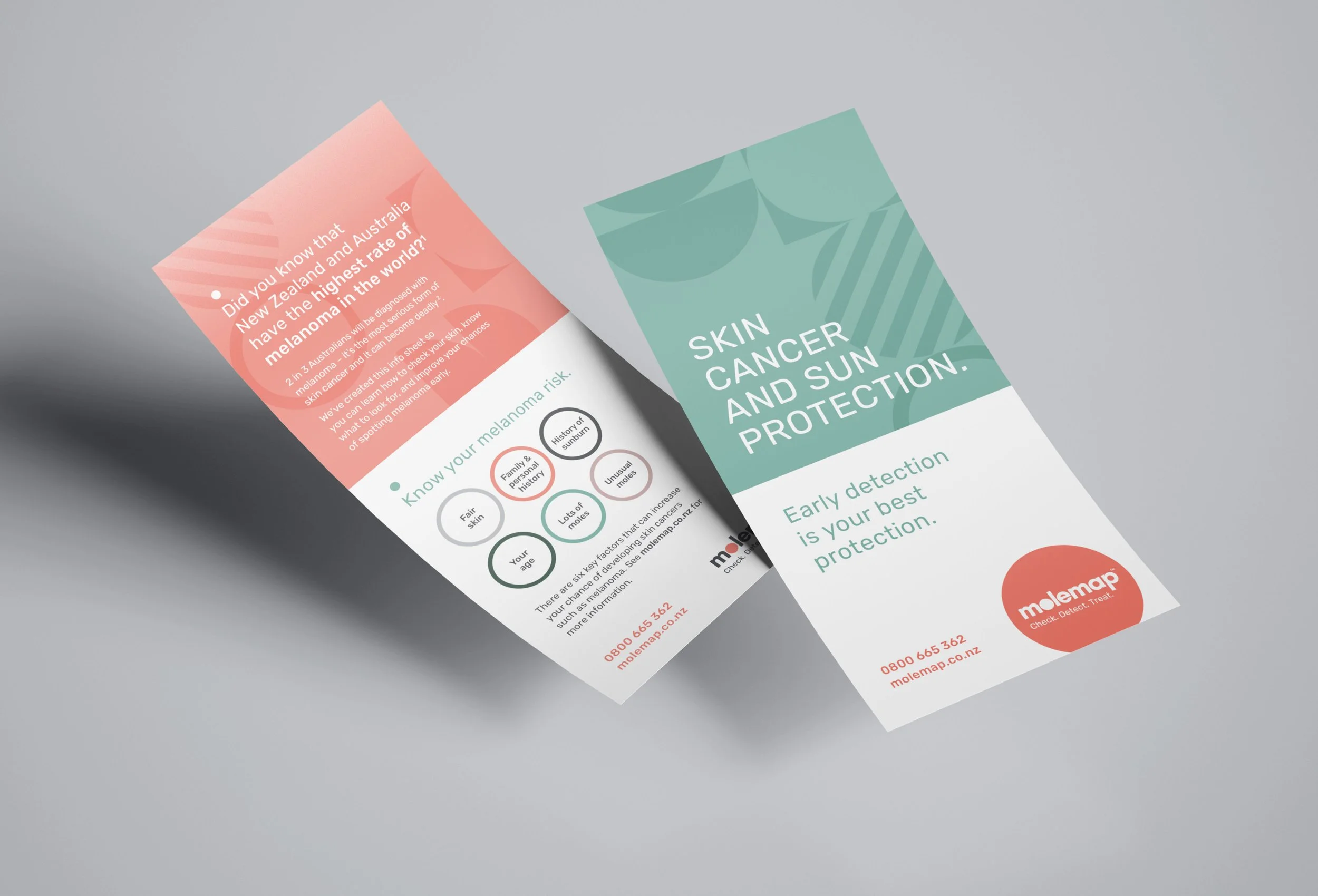 Flyer or brochure promoting skin cancer and sun protection awareness, featuring information about melanoma, risk factors, and early detection, with contact details for a health service.