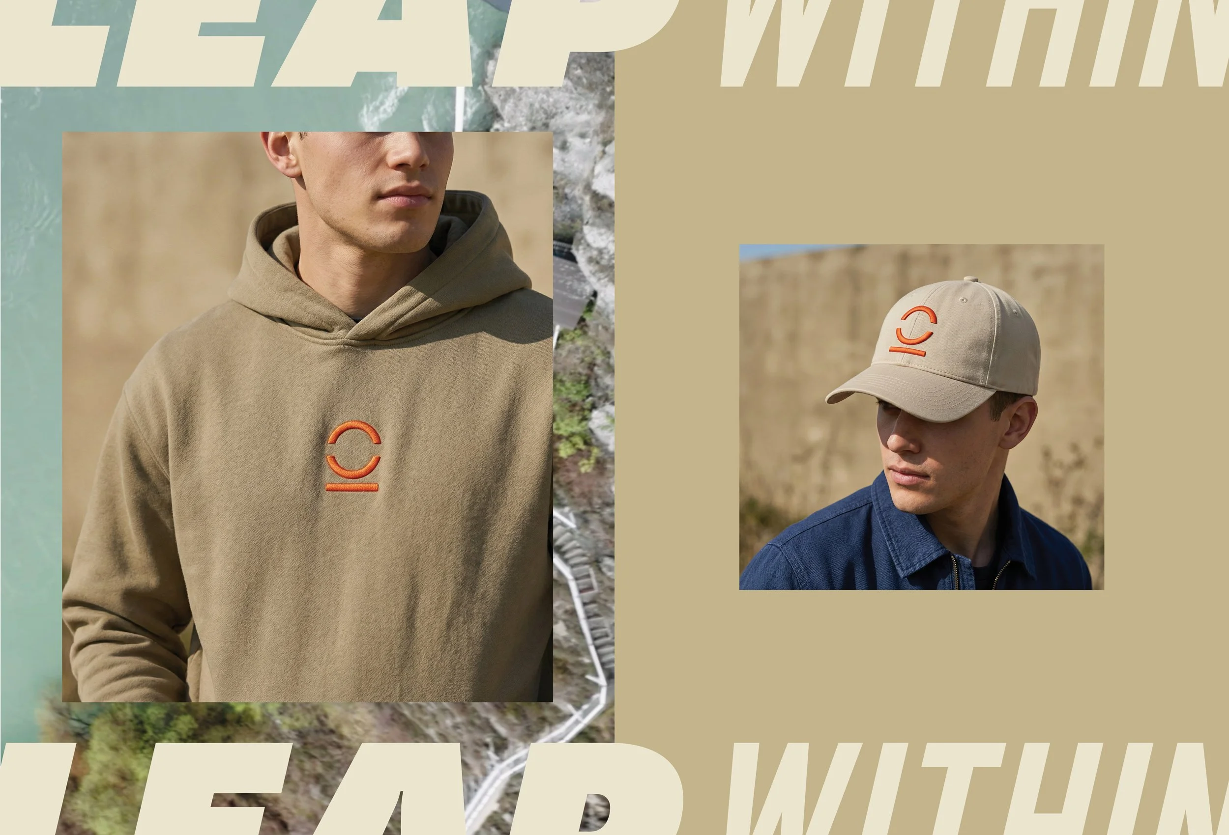 Two men outdoors wearing beige and navy hoodies and caps with a circular logo. The background features a rocky landscape with a dirt path and a wall.