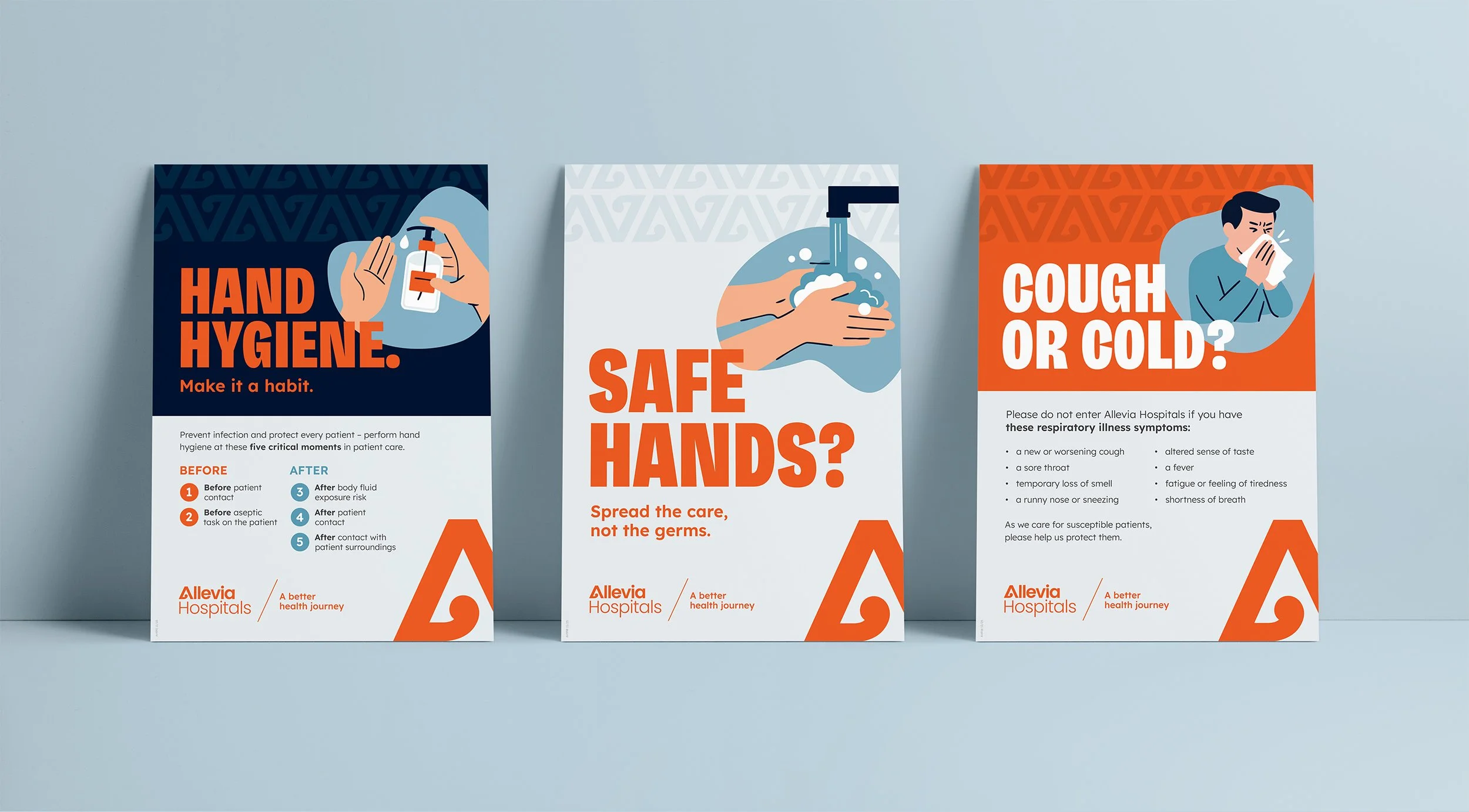Three health posters promoting hand hygiene and illness prevention at Allevia Hospitals. The first poster emphasizes hand hygiene with an illustration of hands using hand sanitizer and a message to make it a habit. The second asks if hands are safe, spreading the message to prevent germs. The third poster questions whether a person has a cough or cold, listing symptoms and urging protection of vulnerable patients.