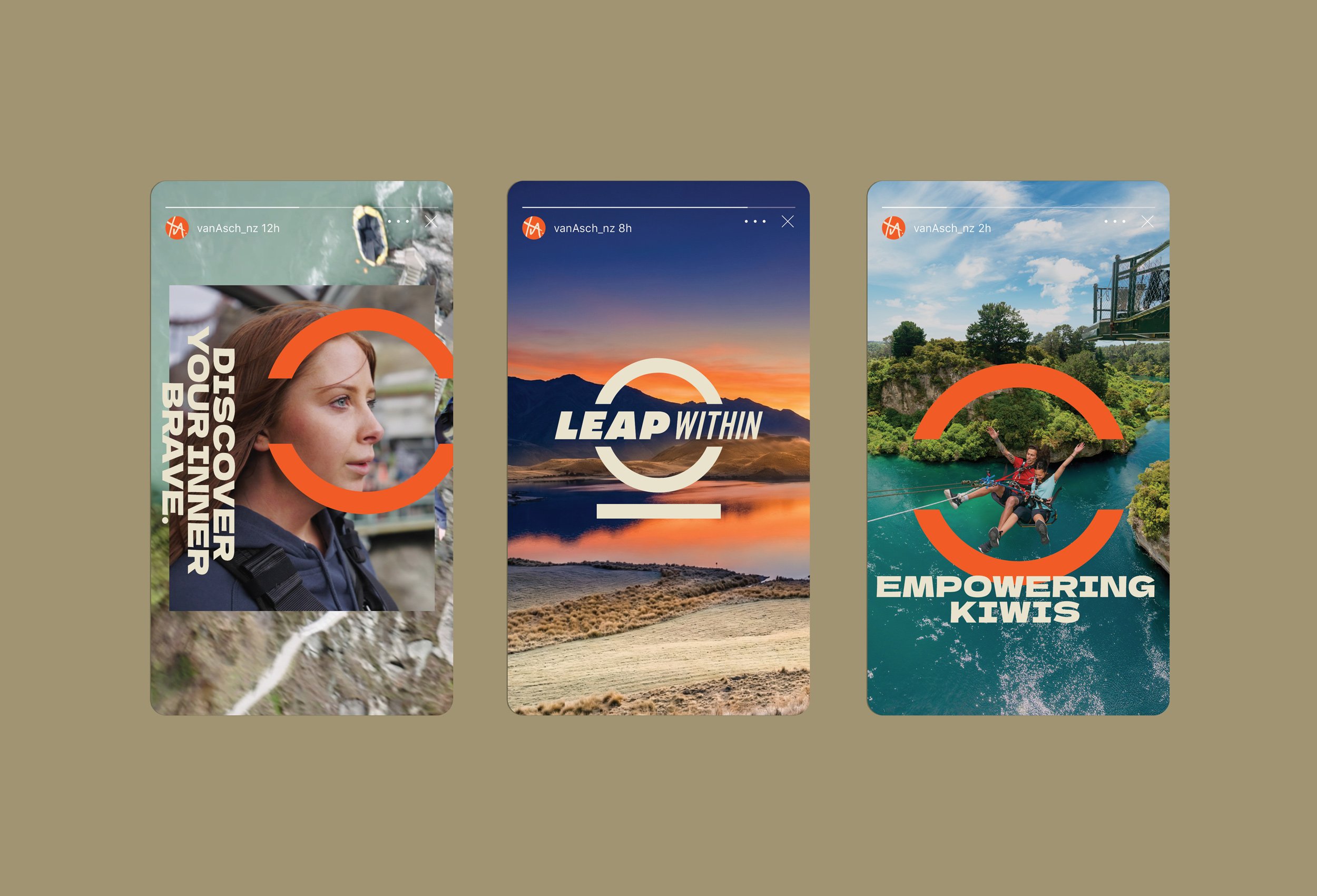 Three promotional posters for vanAsch.nz, each highlighting outdoor adventure activities for kids and emphasizing empowerment and exploration. The first features a young girl with a quote about discovering adventures in nature, the second shows a sunset over mountains with the phrase "LEAP WITHIN," and the third depicts kids ziplining over a river with the text "EMPOWERING KIDS."