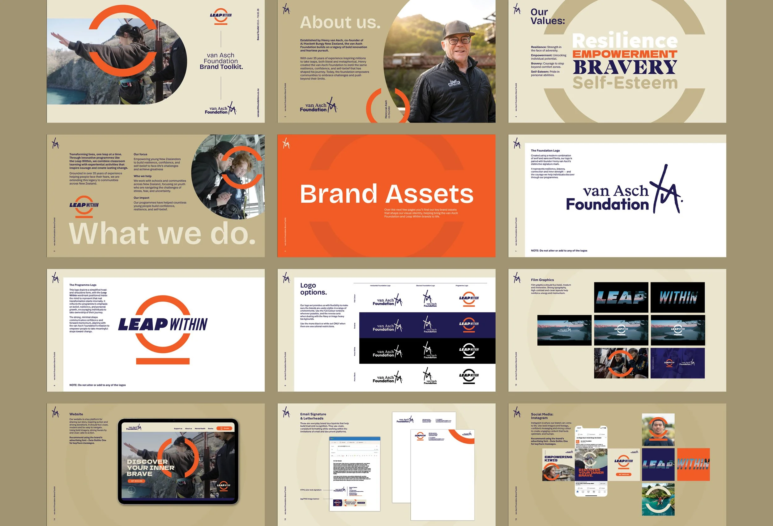 Various pages of a corporate branding toolkit for the Van Asch Foundation, including about us, values, brand assets, logos, website, email signatures, social media, and graphics, featuring images of people and logo designs.