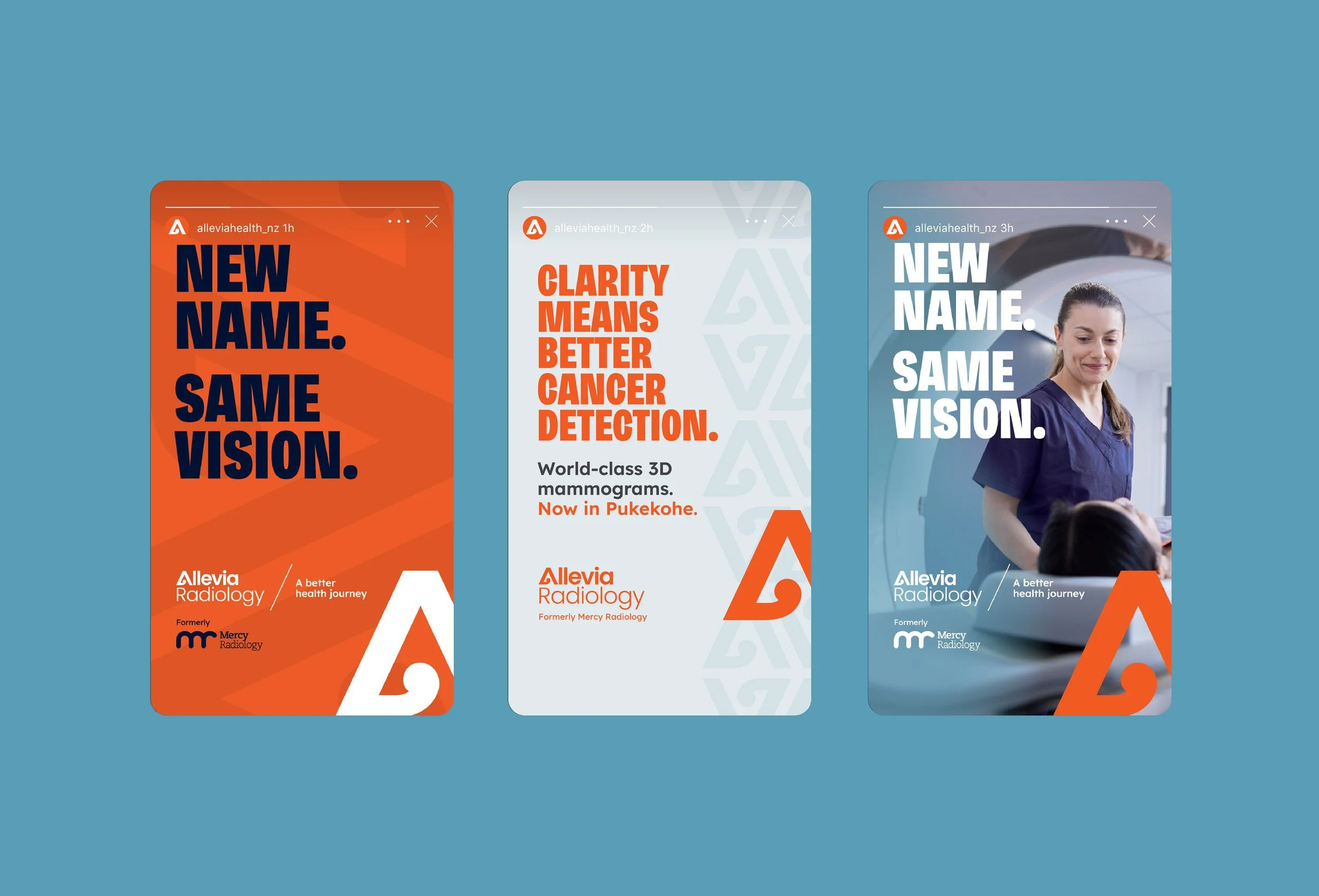 Series of three medical clinic posters featuring bold text and images promoting new branding, better cancer detection, and unchanged vision services, associated with Allevia Radiology.