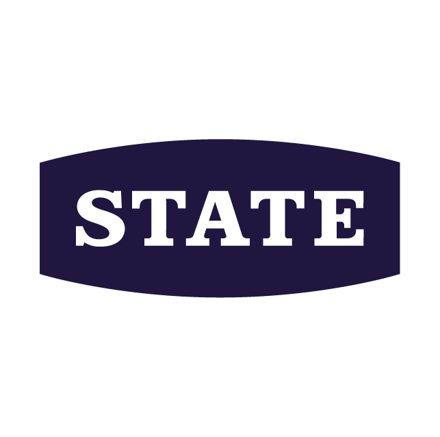 A dark blue shield-shaped badge with the word 'STATE' in the center in bold black letters.